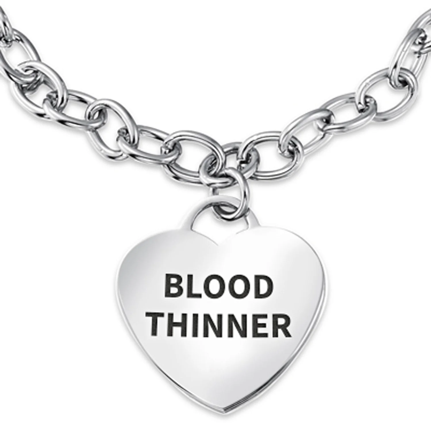 Link Chain Red Medical ID Bracelet with Heart Tag Silver Tone 7-7.5 Inch - Image 3
