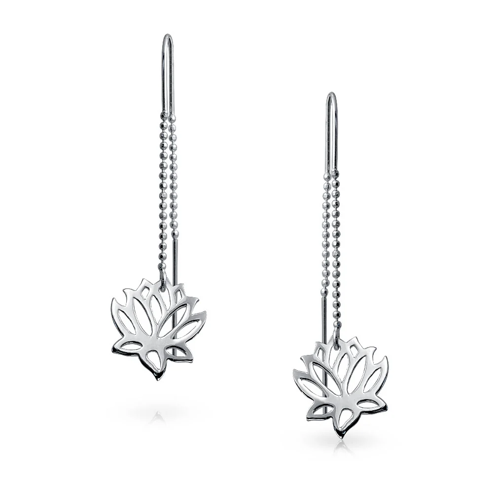 Spiritual Zen Lotus Flower Earrings .925 Sterling Silver Long Chain Threader Stabilizing U Hook - Image 2