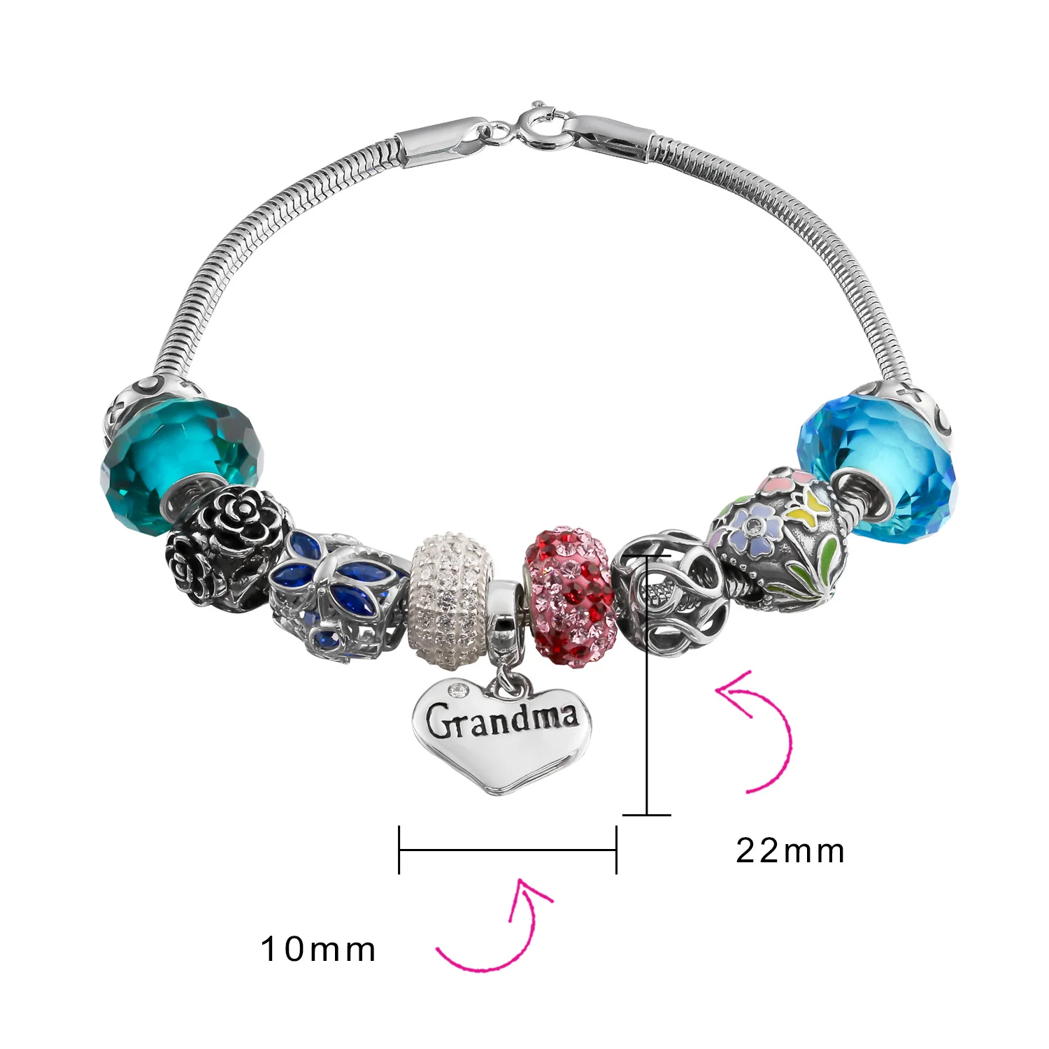 Love Grandma Family Charm Bracelet with Sterling Silver Snake Chain 6.5-9In - Image 2