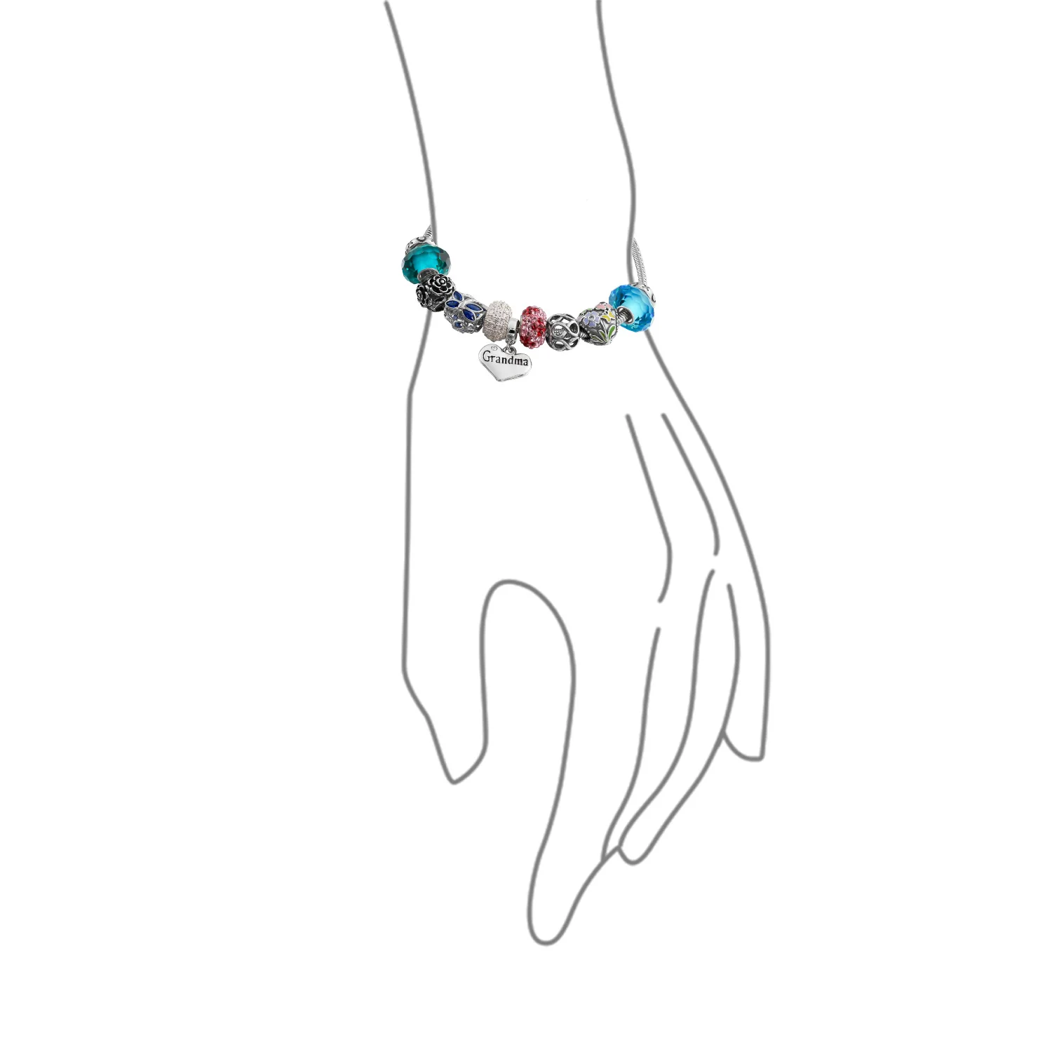 Love Grandma Family Charm Bracelet with Sterling Silver Snake Chain 6.5-9In - Image 3
