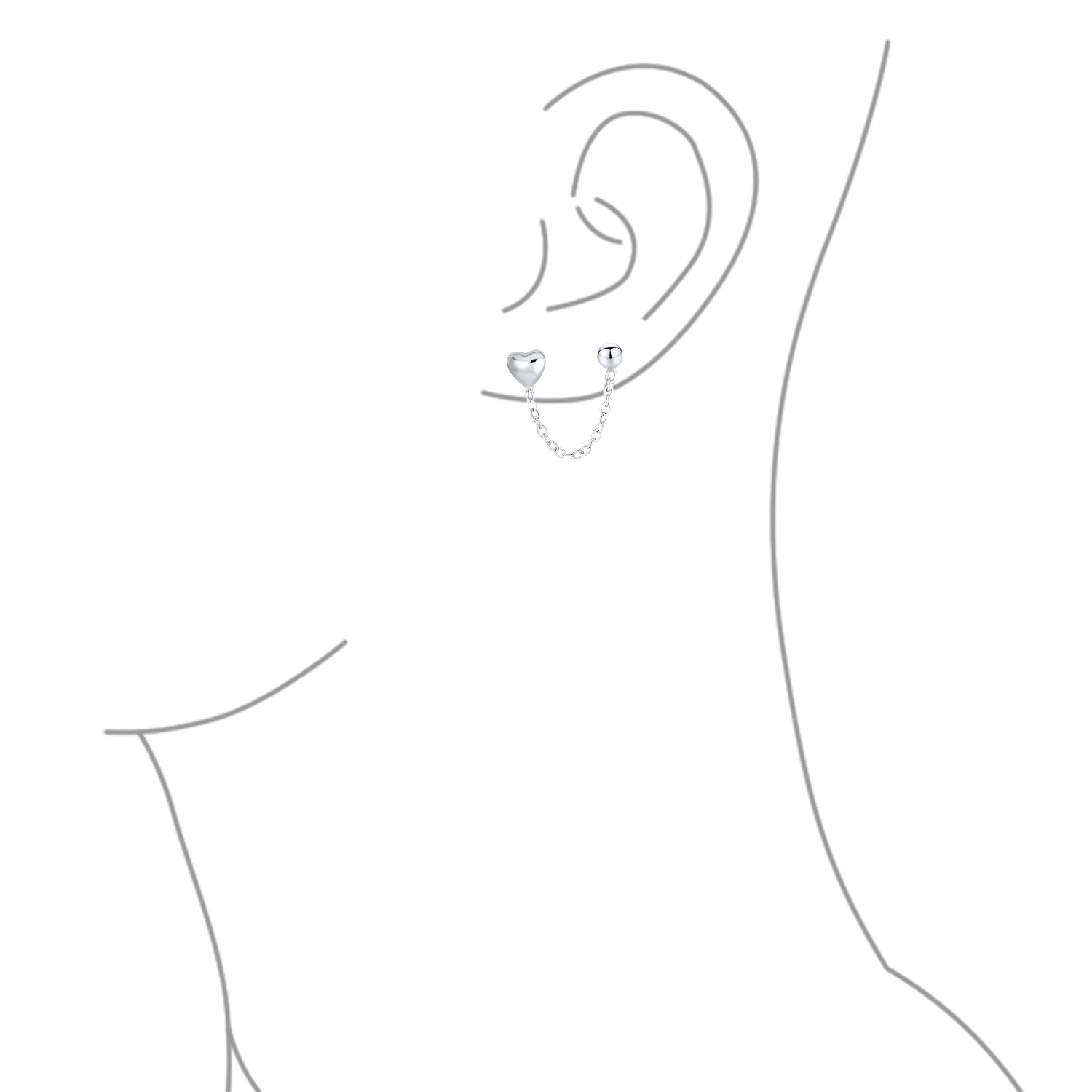 Love Double Pierced Mini Heart Ear Cuff Cartilage Cha& Ball Stud Earrings Silver - Image 3