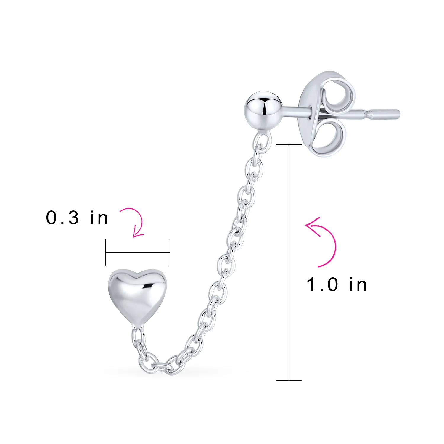 Love Double Pierced Mini Heart Ear Cuff Cartilage Cha& Ball Stud Earrings Silver - Image 4
