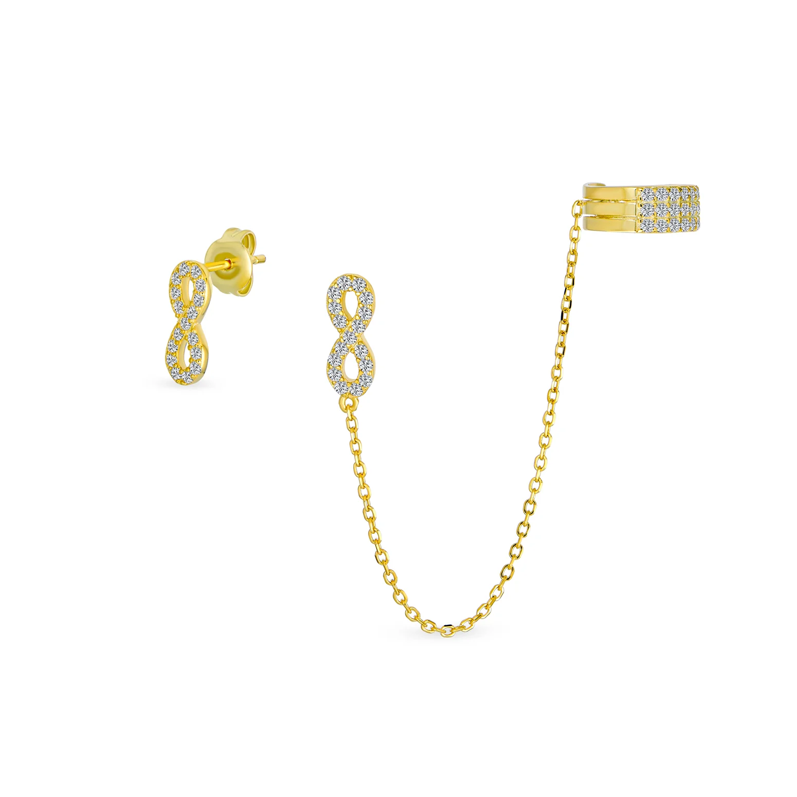 Forever Love Ear Cuff Cartilage Wrap Infinity Earring & CZ Stud Gold Plated .925 Sterling Silver - Image 2
