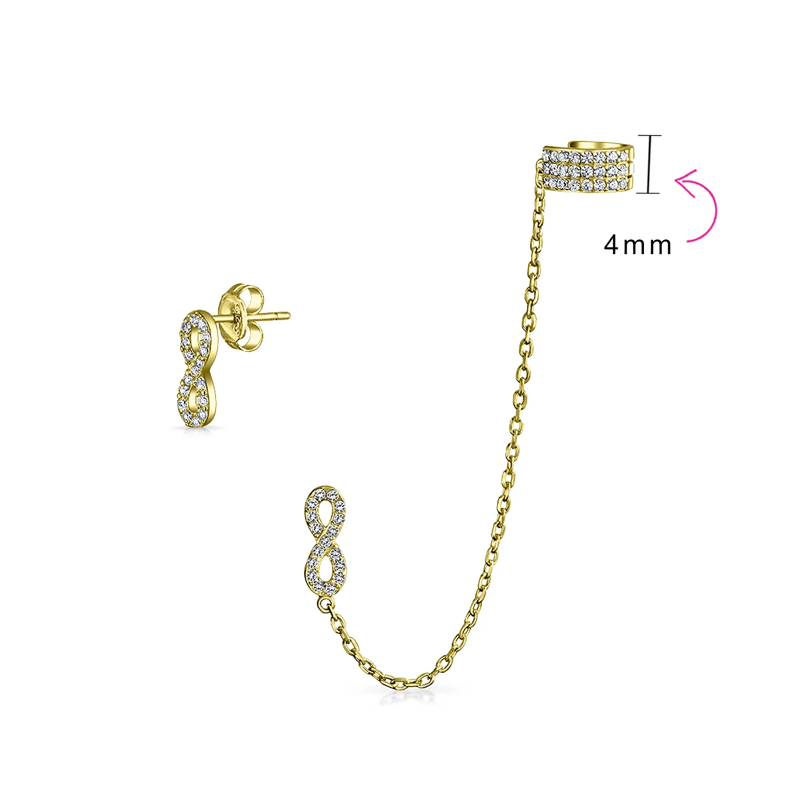 Forever Love Ear Cuff Cartilage Wrap Infinity Earring & CZ Stud Gold Plated .925 Sterling Silver - Image 6