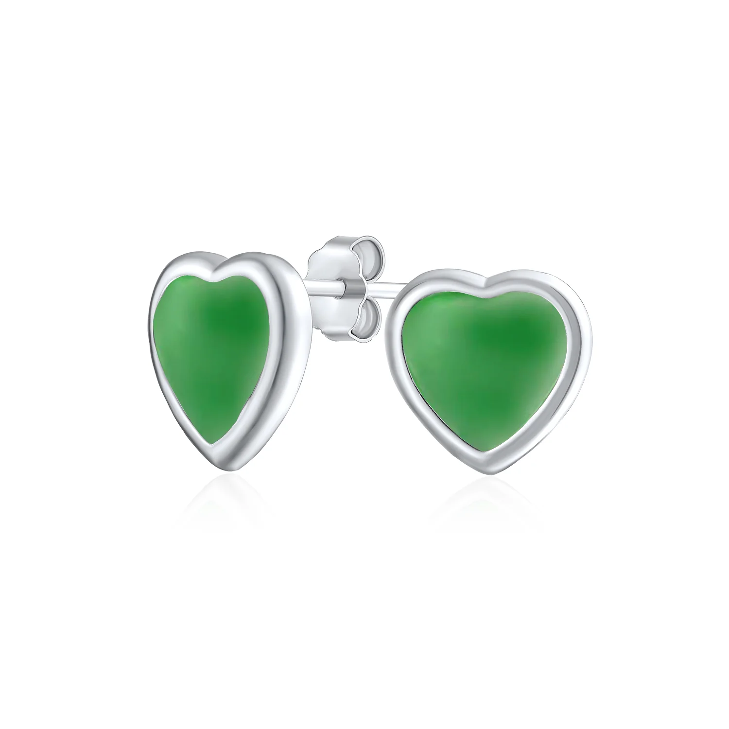 Lovers Bezel Set Green Jade Heart Stud Earrings Sterling Silver Gift - Image 3