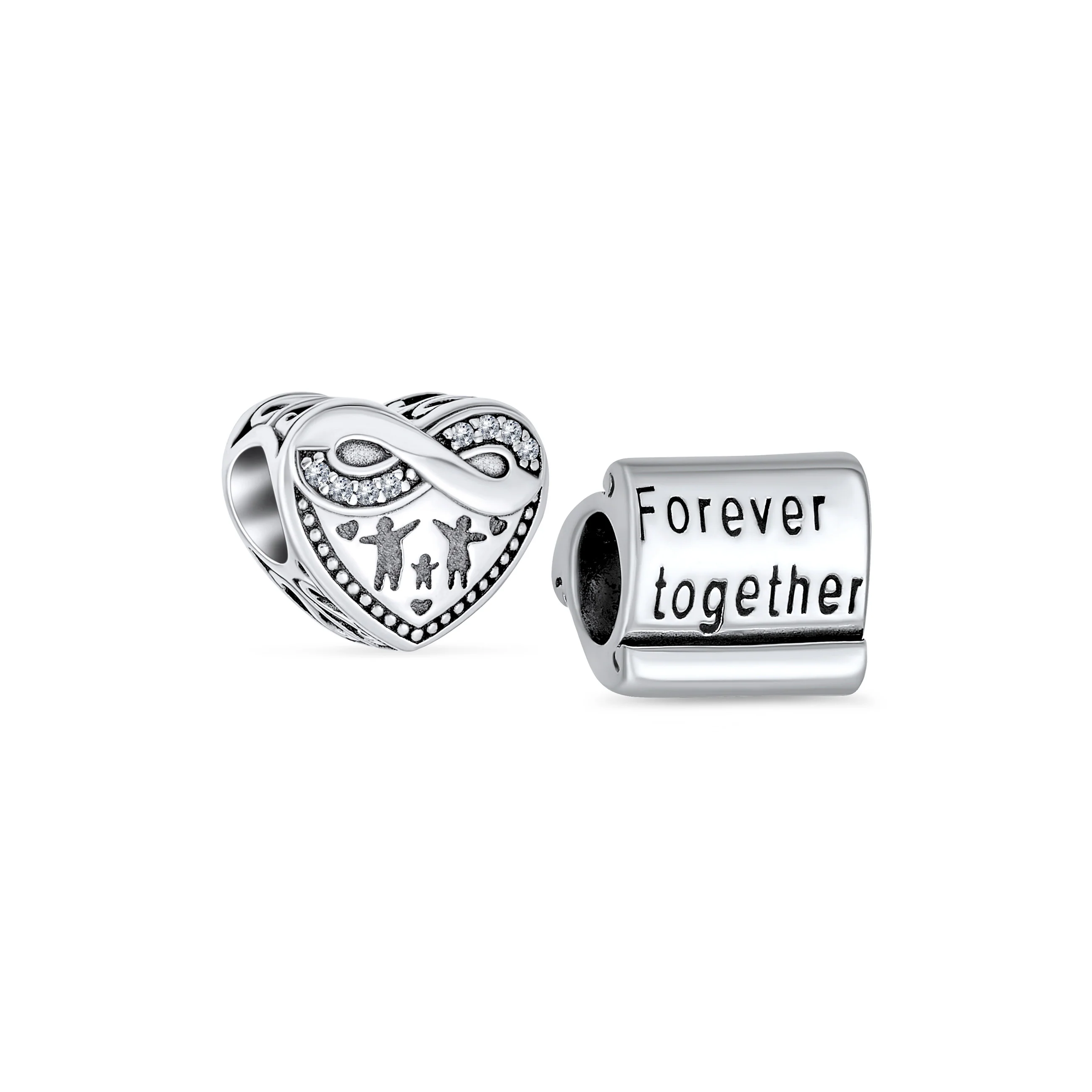 Set of 2 CZ Accent Loving Family Heart & Words Forever Together Charm Bead