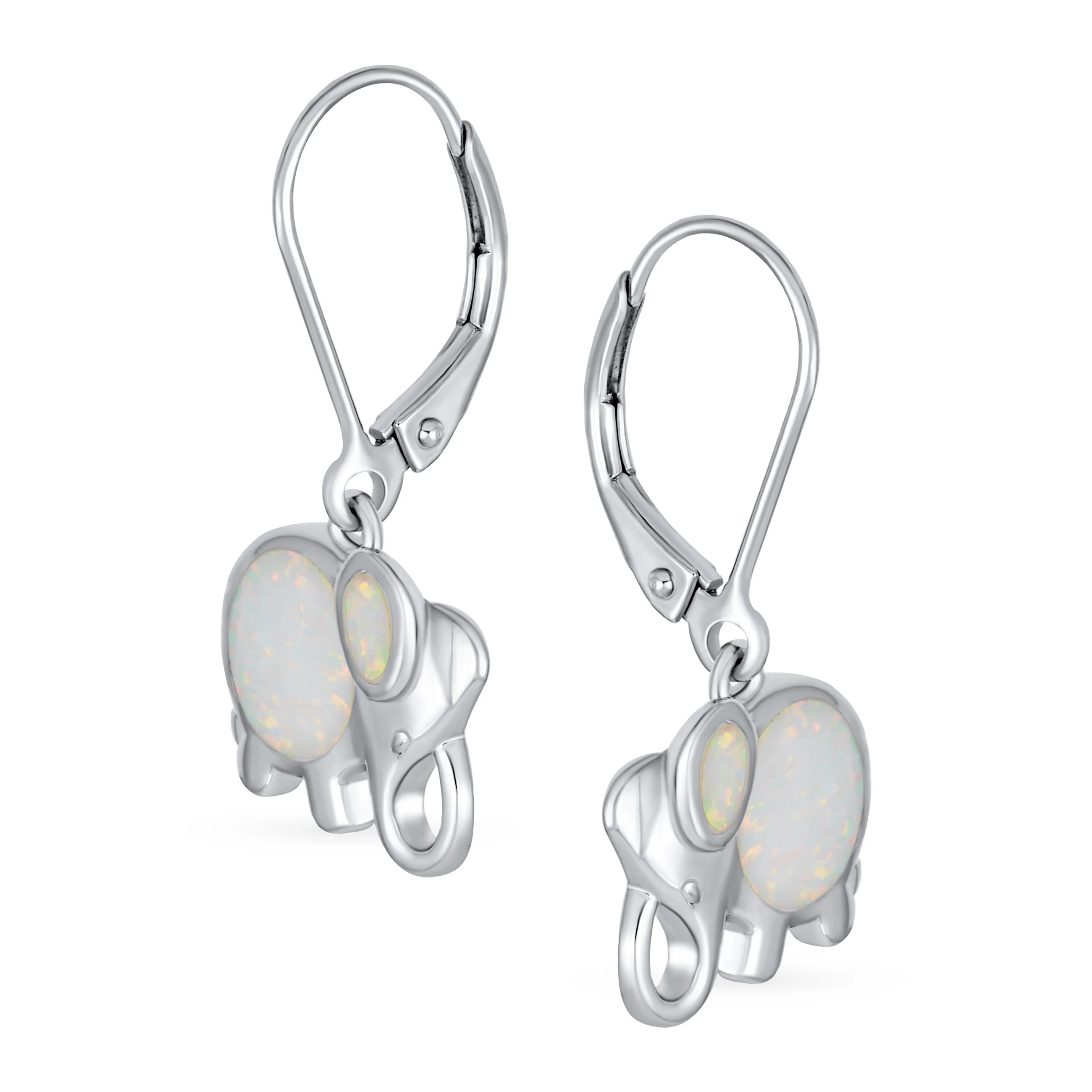 Lucky Elephant Dangle Gemstone Earrings White Opal Silver October Birthstone - Image 2