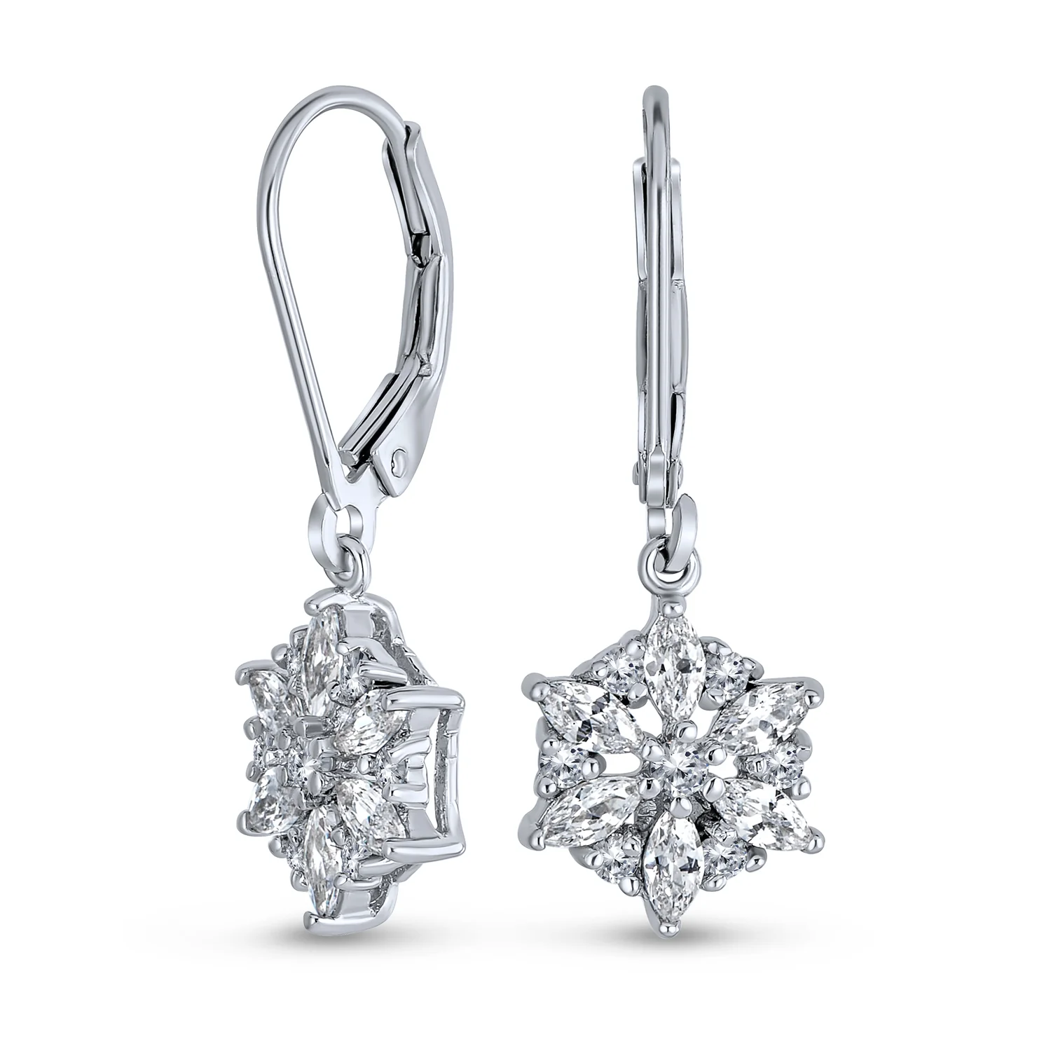 Marquise CZ Snowflake Dangle Chandelier Earrings Silver for Winter Party