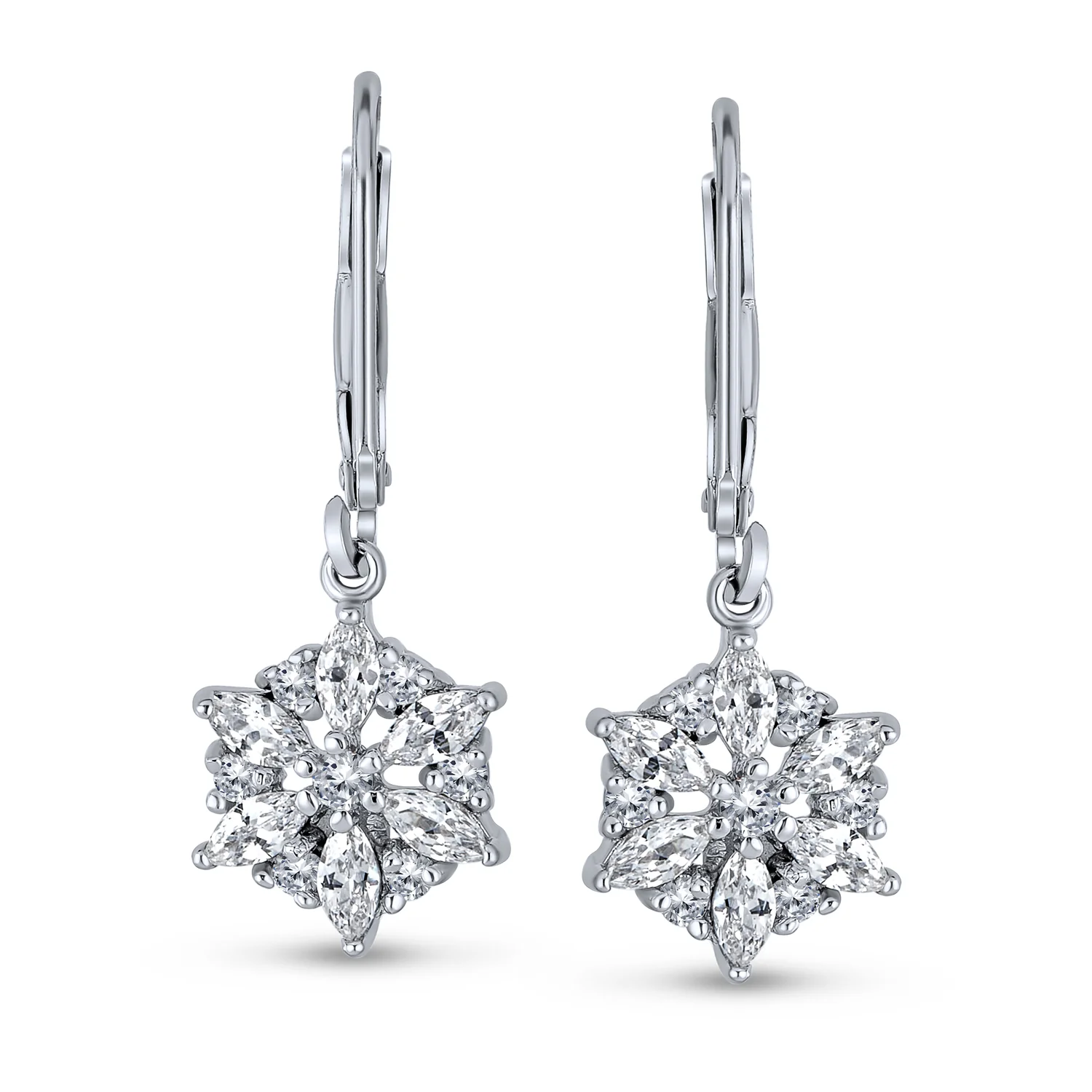 Marquise CZ Snowflake Dangle Chandelier Earrings Silver for Winter Party - Image 2