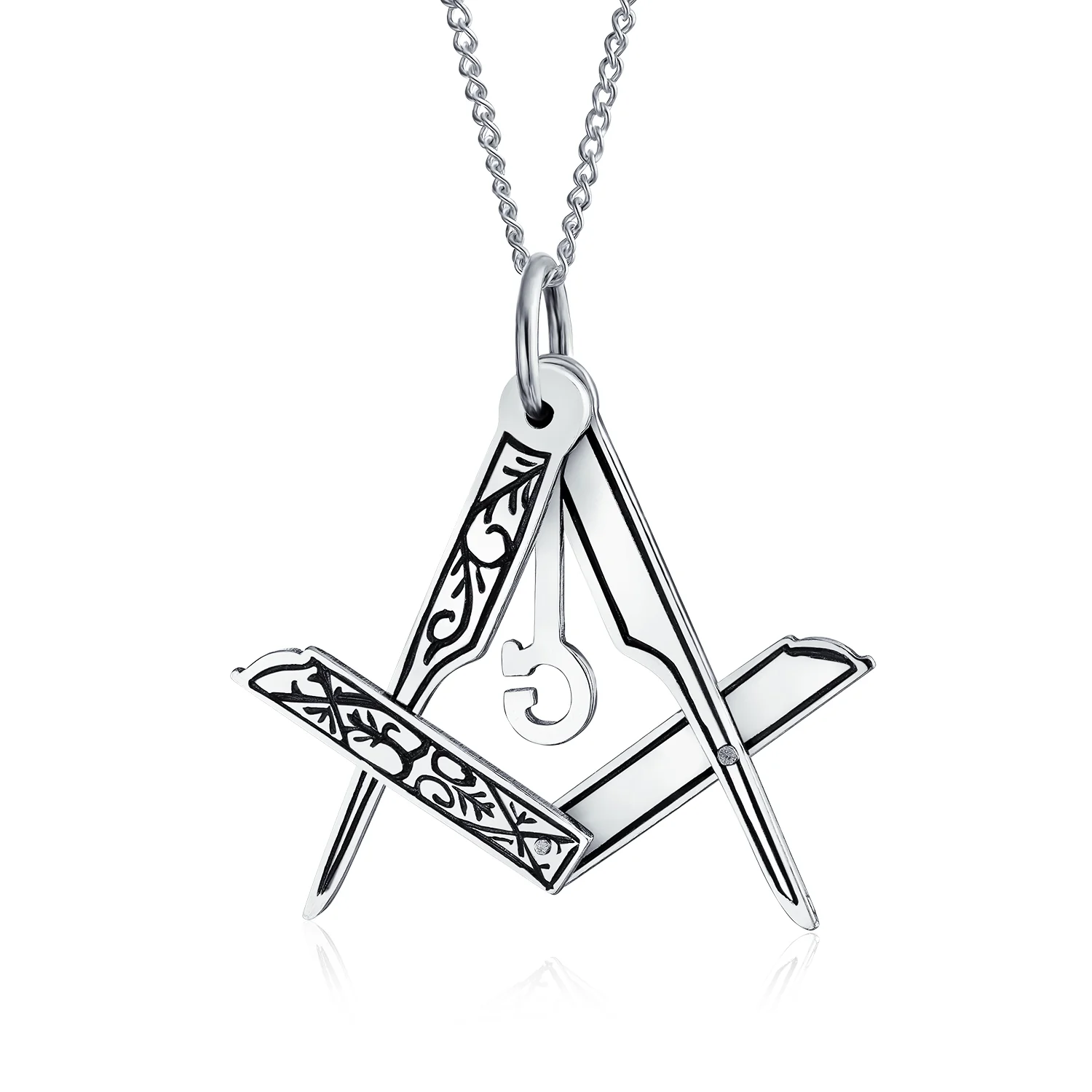 Masonic Freemason Compass Pendant Necklace in Oxidized Sterling Silver Chain - Image 2