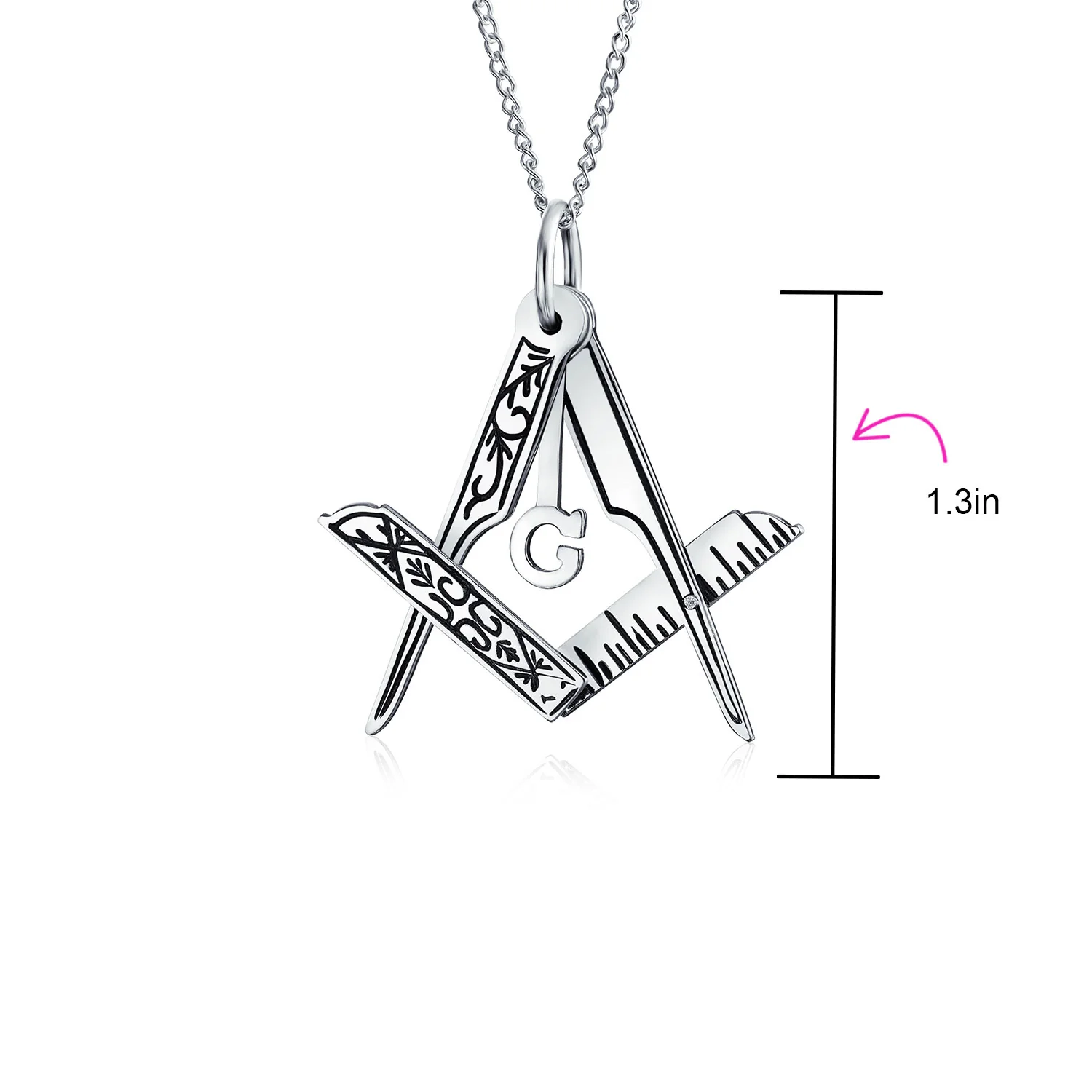 Masonic Freemason Compass Pendant Necklace in Oxidized Sterling Silver Chain - Image 4