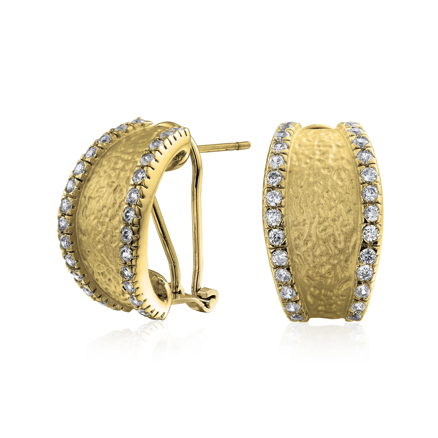 Matte Hammered Shrimp Half Hoop Earrings Pave Edge CZ Silver Plated - Image 2