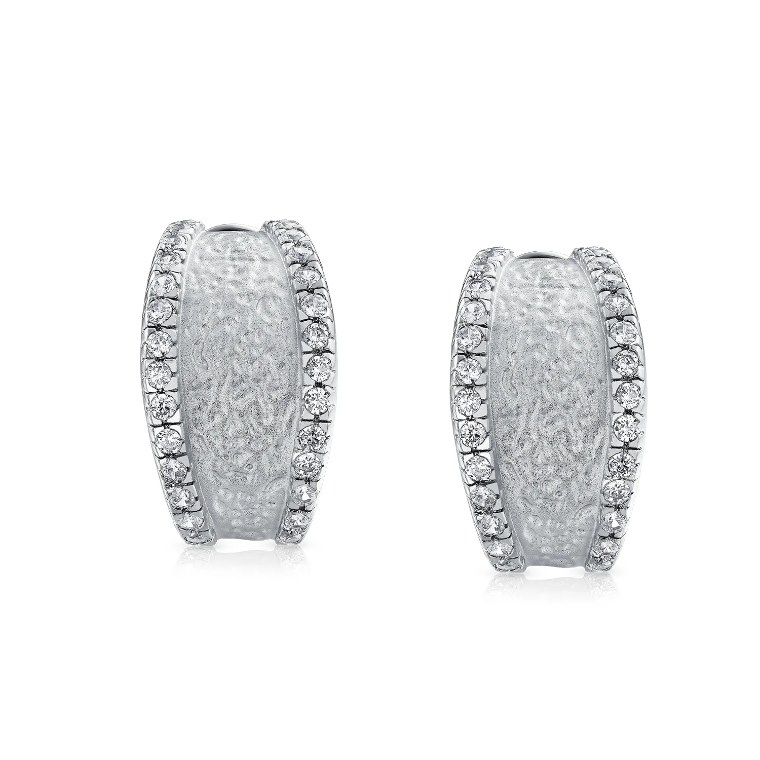 Matte Hammered Shrimp Half Hoop Earrings Pave Edge CZ Silver Plated - Image 3