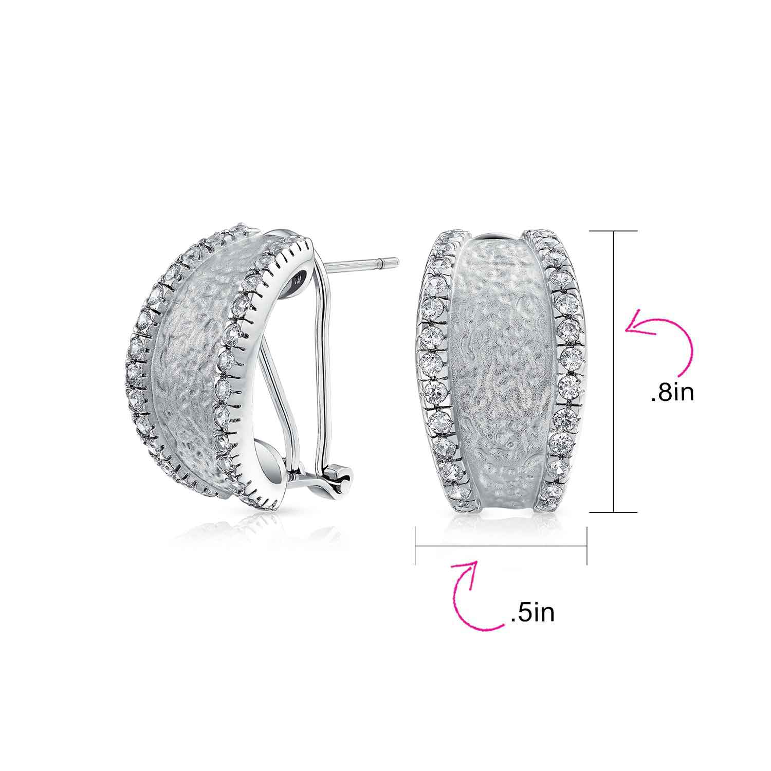 Matte Hammered Shrimp Half Hoop Earrings Pave Edge CZ Silver Plated - Image 7