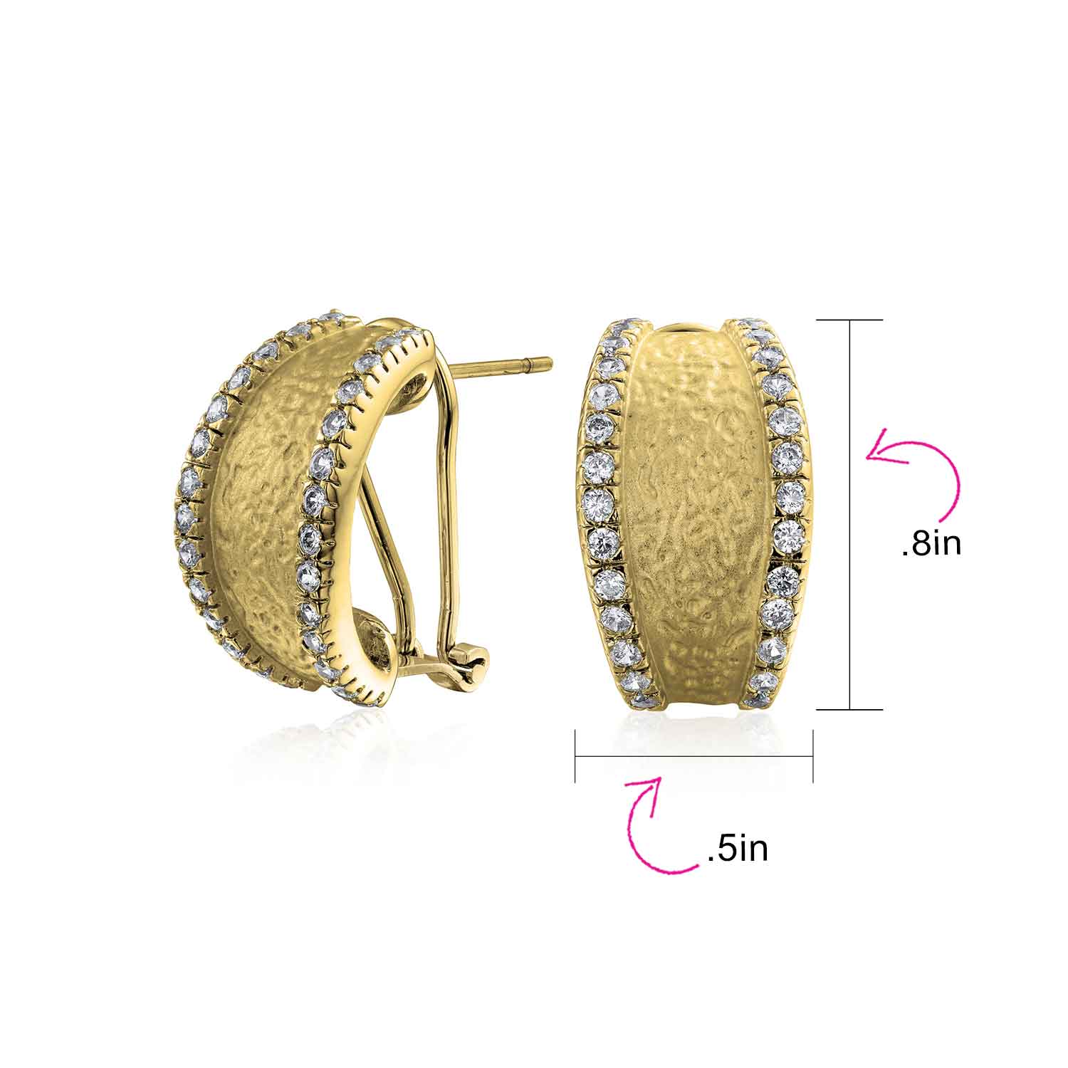 Matte Hammered Shrimp Half Hoop Earrings Pave Edge CZ Silver Plated - Image 8