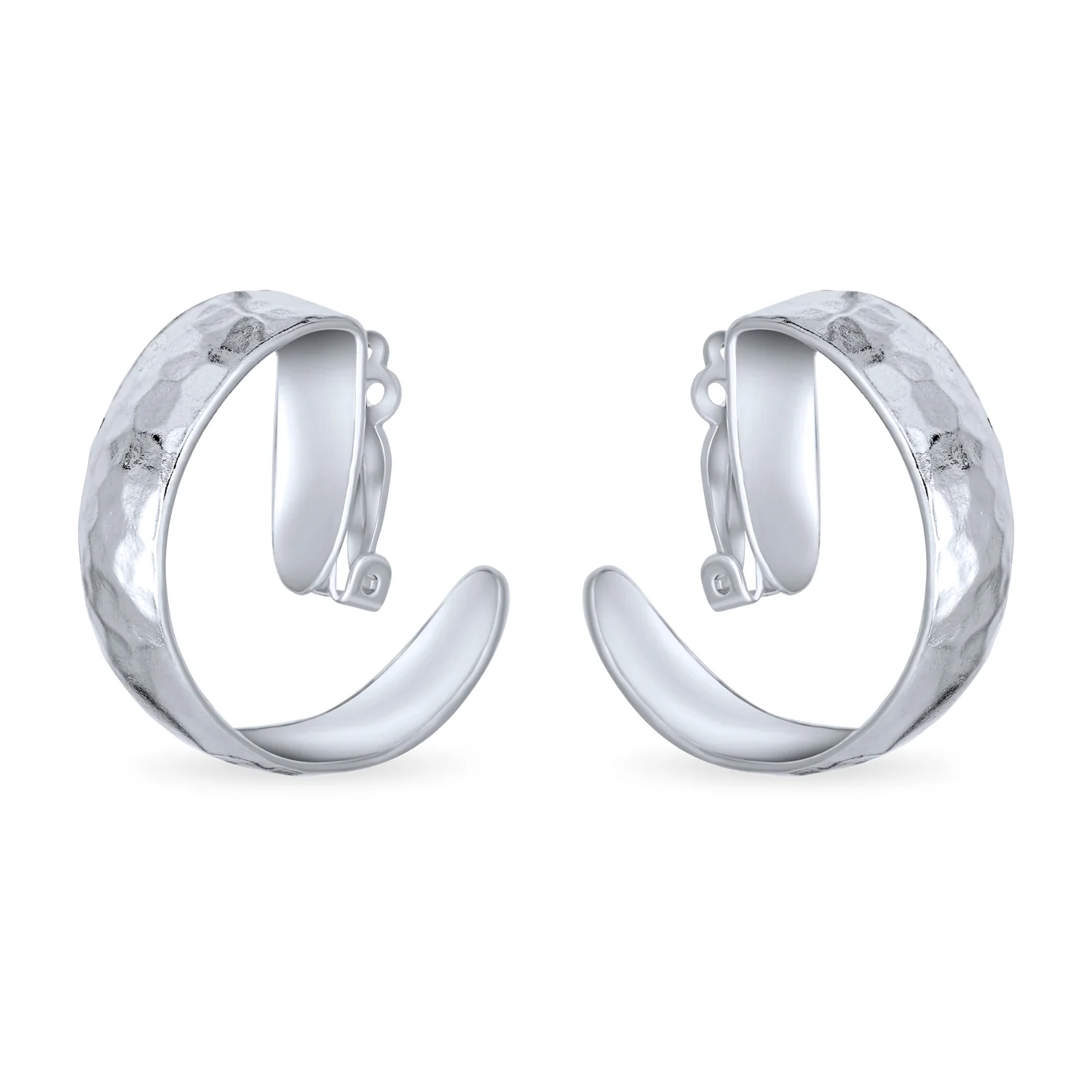 Matte Textured Wide Clip-On Hammered Hoop Earrings  Silver Non-Pierced Ears - Image 2