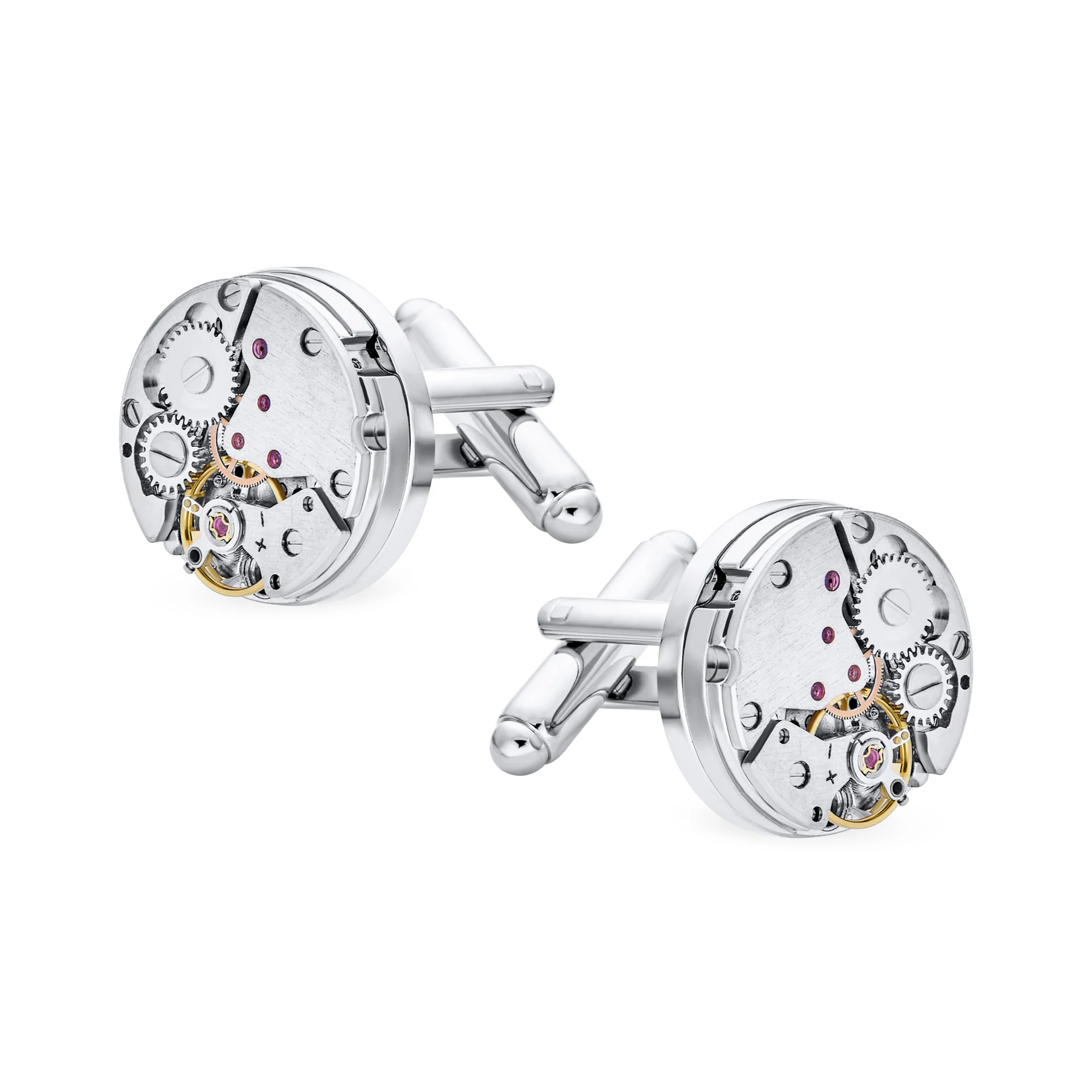 Mechanic Steampunk Moving Gears Cufflinks Stainless Steel Hinge Bullet Back - Image 2