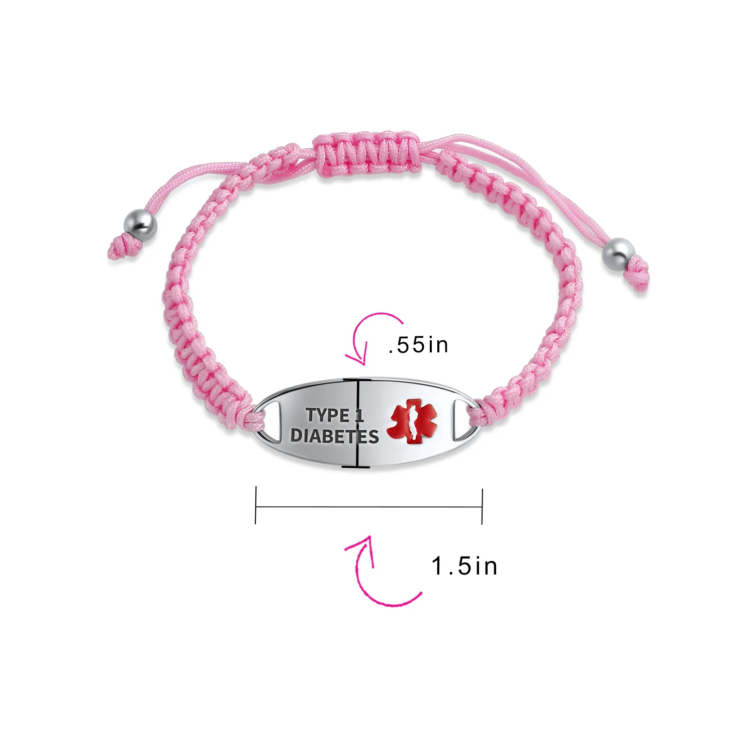 Medical ID Bracelet with Pink Braided Cord and Stainless Steel Clasp - Image 48