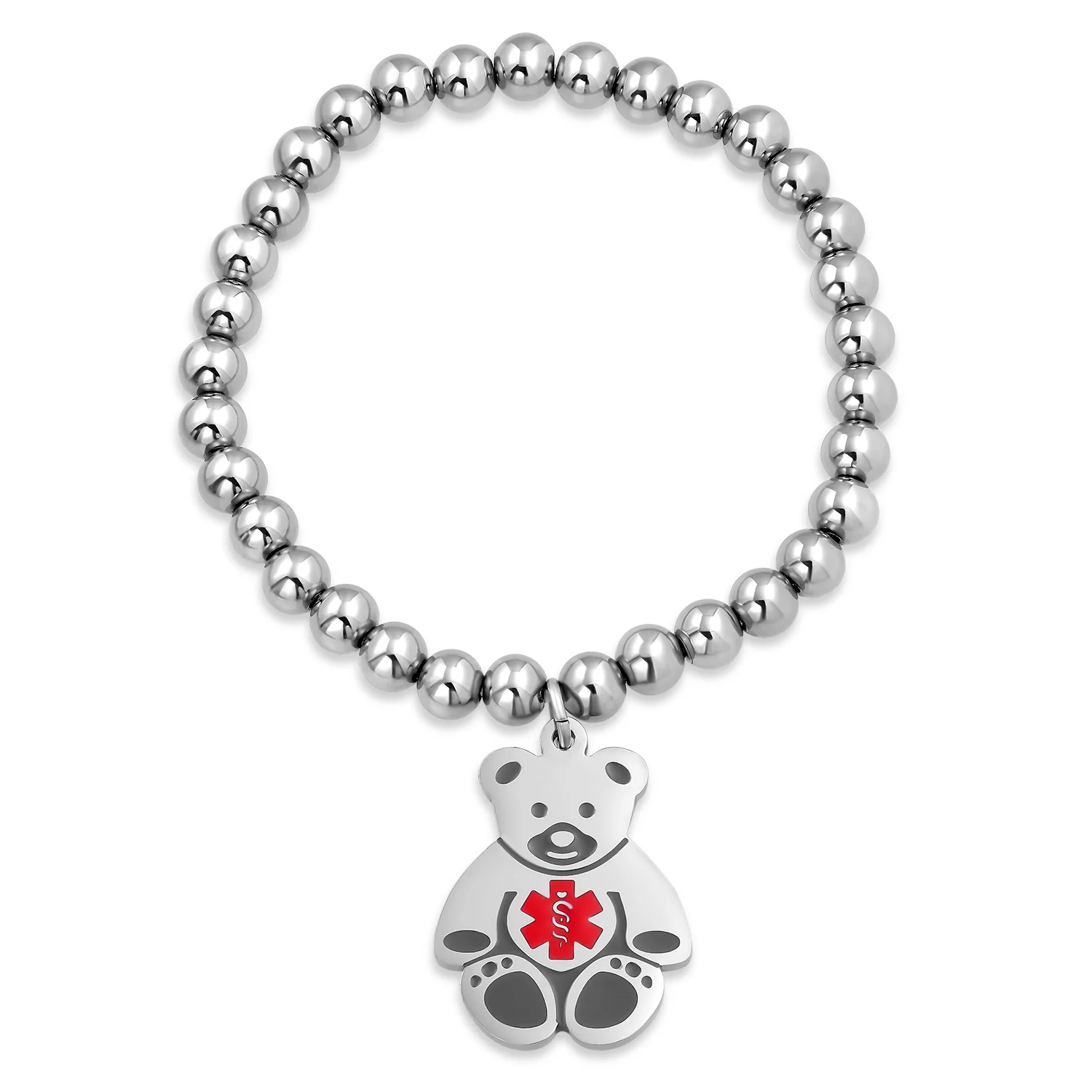 Medical ID Bracelet with Teddy Bear Charm and Silver Tone Beads - Image 16