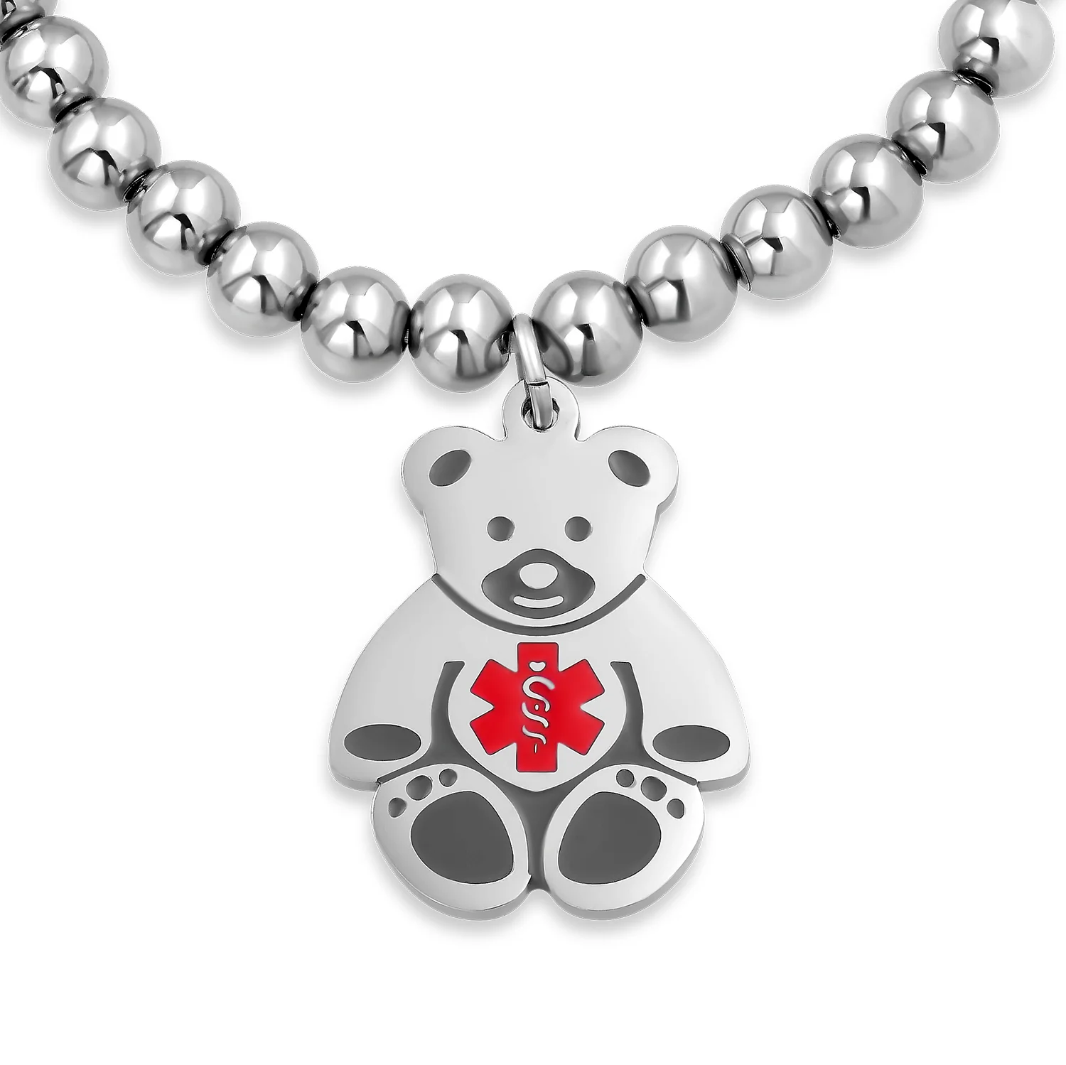 Medical ID Bracelet with Teddy Bear Charm and Silver Tone Beads - Image 23