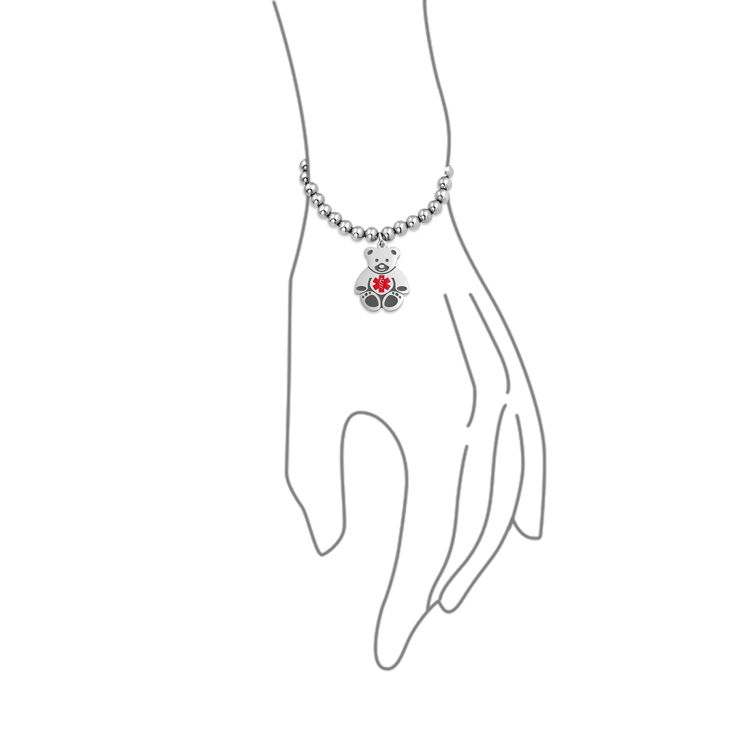 Medical ID Bracelet with Teddy Bear Charm and Silver Tone Beads - Image 37