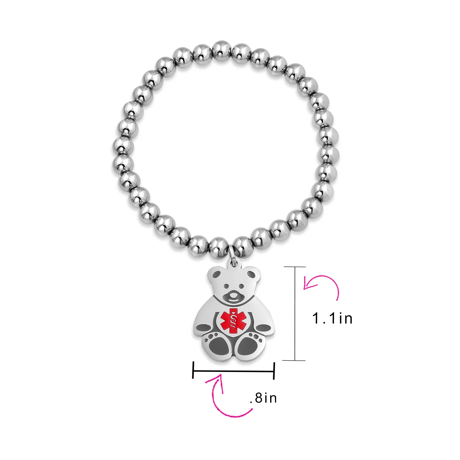 Medical ID Bracelet with Teddy Bear Charm and Silver Tone Beads - Image 48
