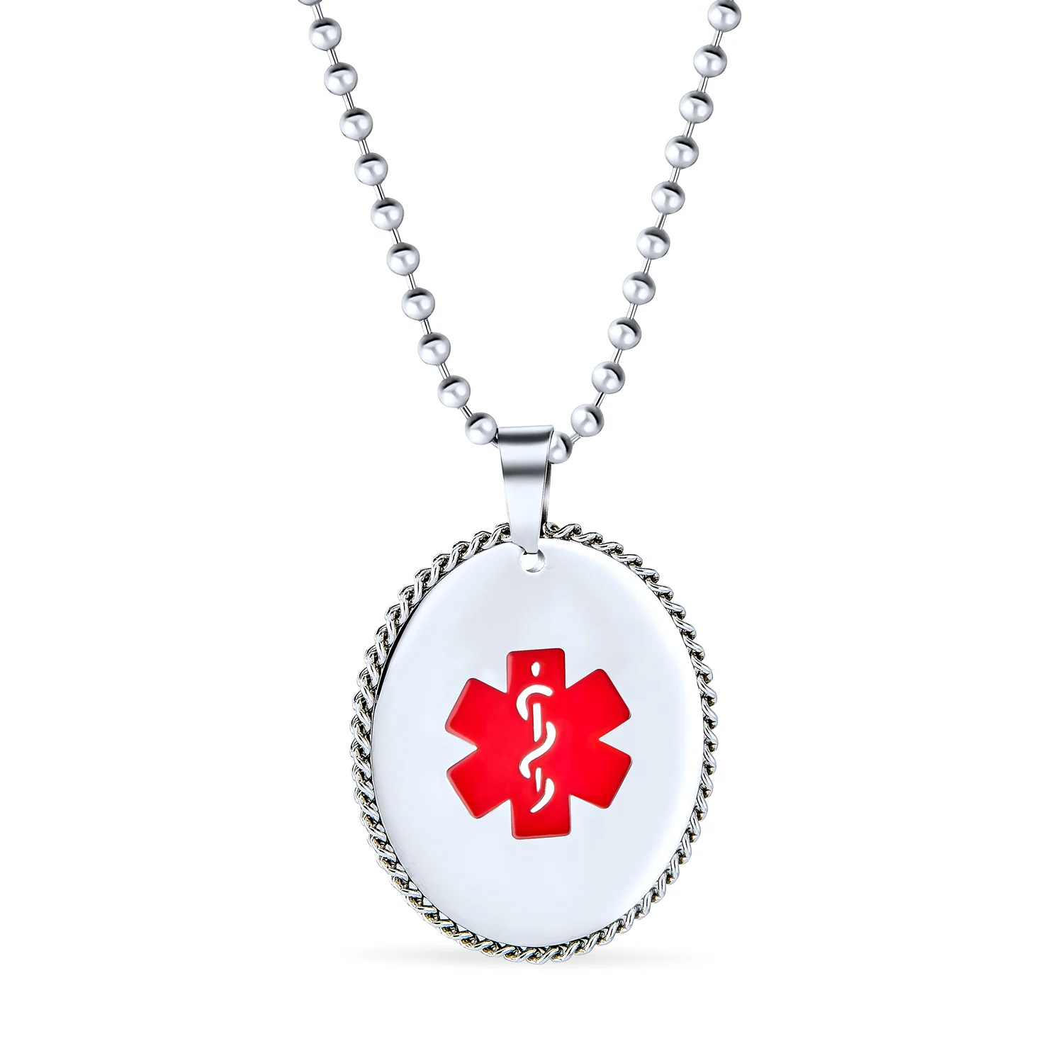 Medical ID Dog Tag Pendant Necklace Oval Rope Edge Stainless - Image 6