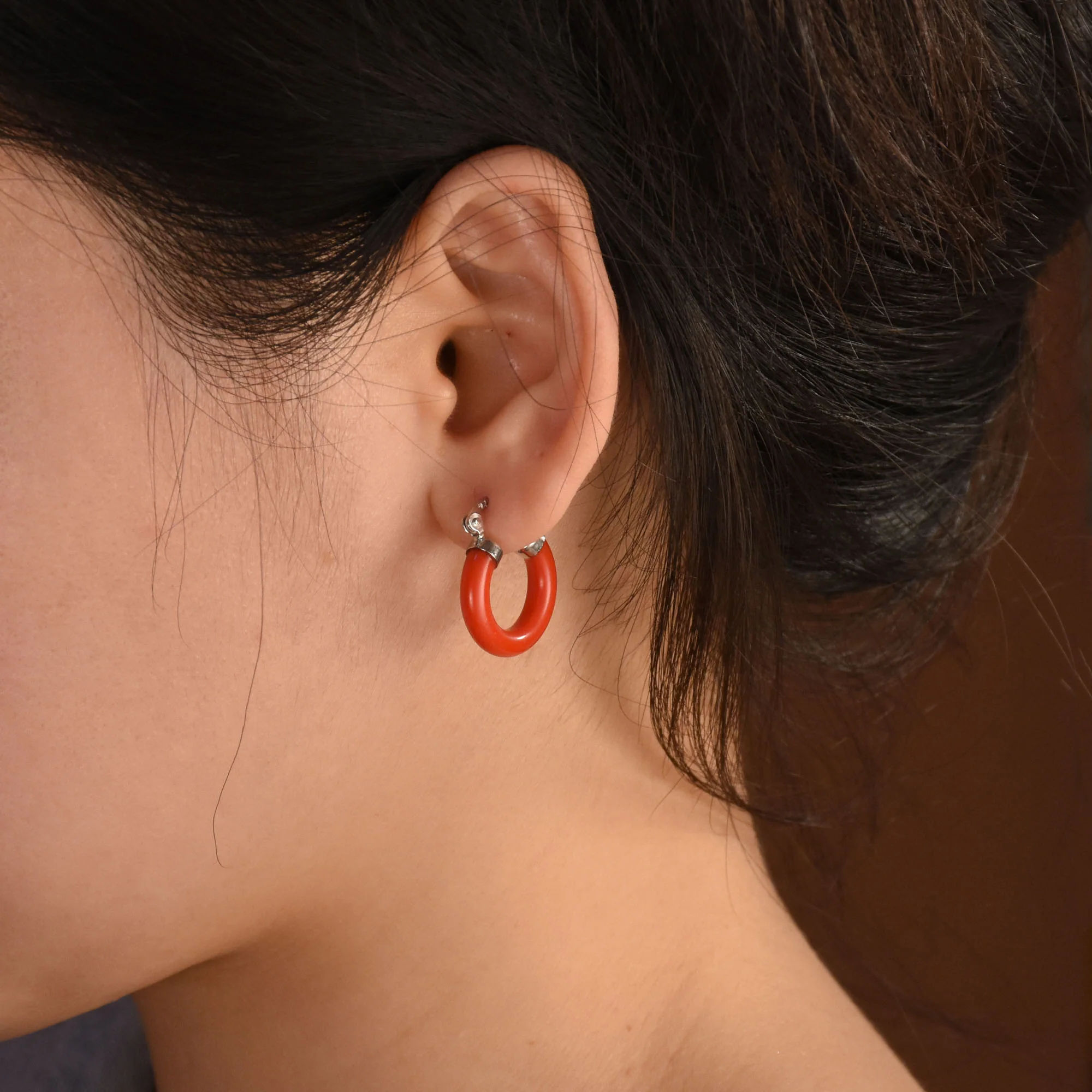 Classic Stone Red Coral Round Tube Hoop Earrings .925 Sterling Silver .75 Inch Diameter - Image 14