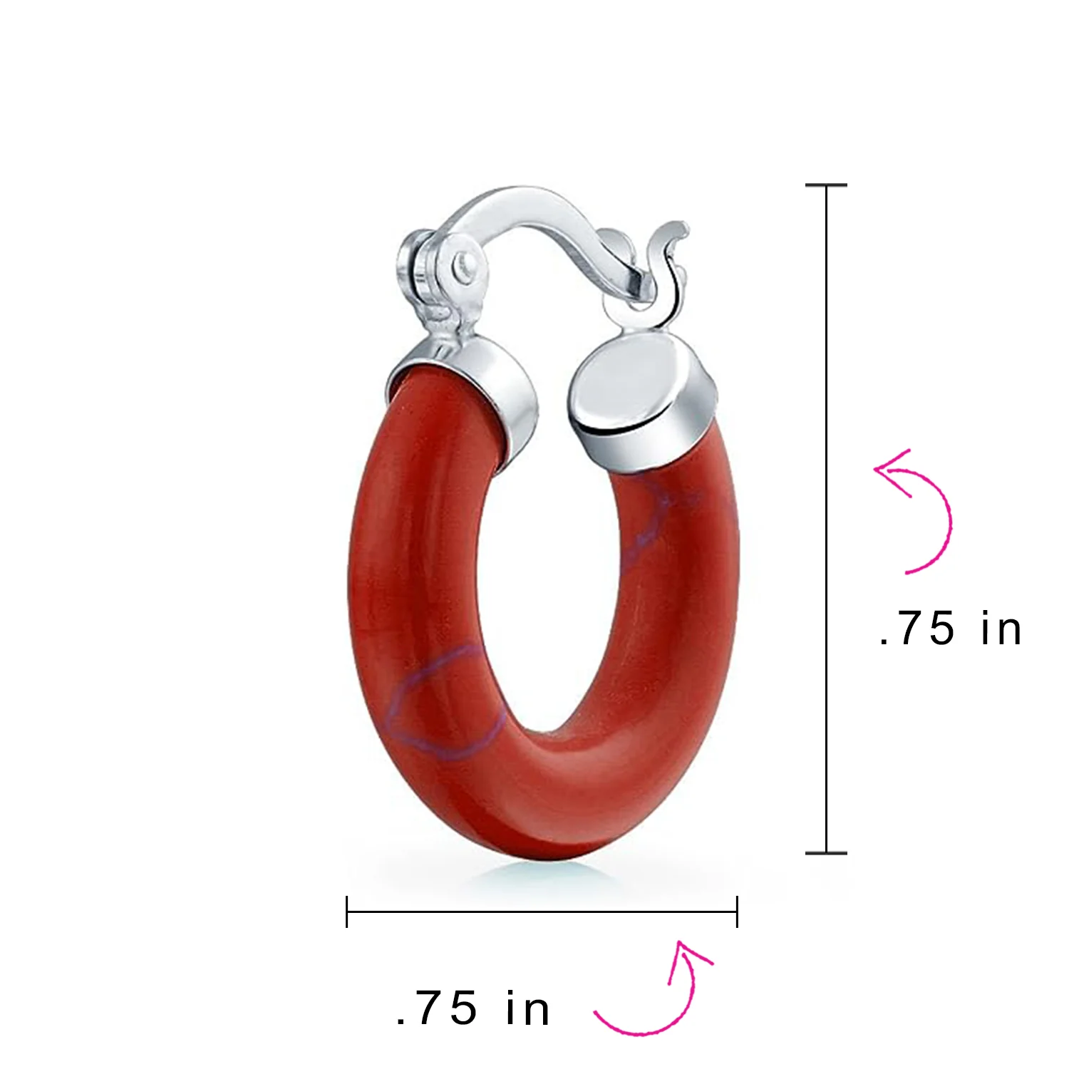 Classic Stone Red Coral Round Tube Hoop Earrings .925 Sterling Silver .75 Inch Diameter - Image 19