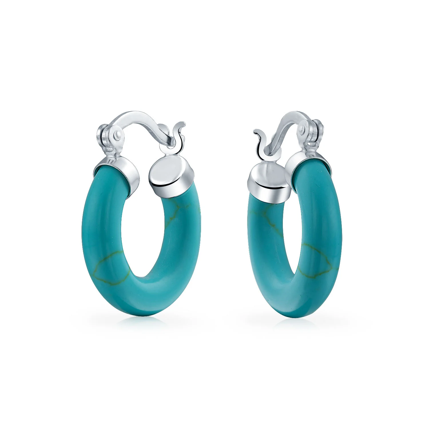 Classic Stone Red Coral Round Tube Hoop Earrings .925 Sterling Silver .75 Inch Diameter - Image 3