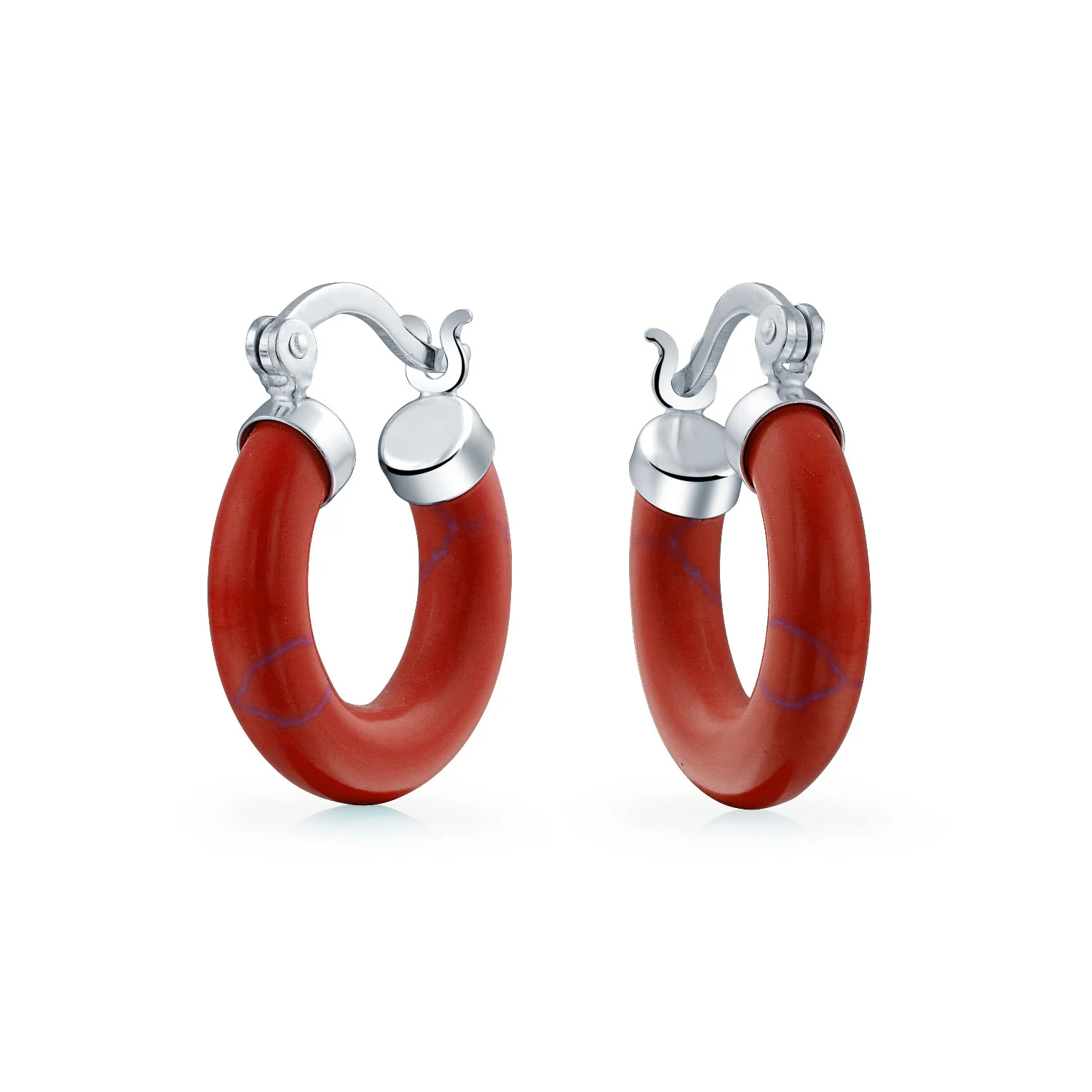 Classic Stone Red Coral Round Tube Hoop Earrings .925 Sterling Silver .75 Inch Diameter - Image 4