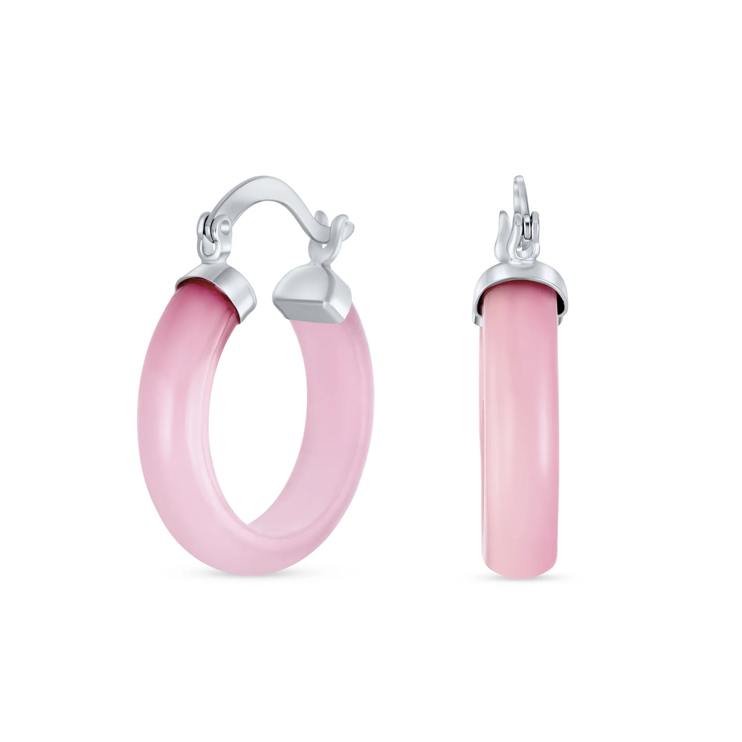 Classic Stone Red Coral Round Tube Hoop Earrings .925 Sterling Silver .75 Inch Diameter - Image 5
