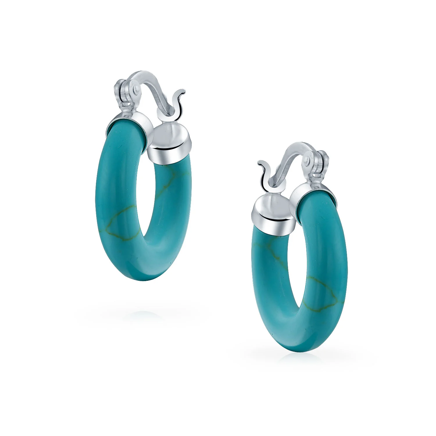 Classic Stone Red Coral Round Tube Hoop Earrings .925 Sterling Silver .75 Inch Diameter - Image 8
