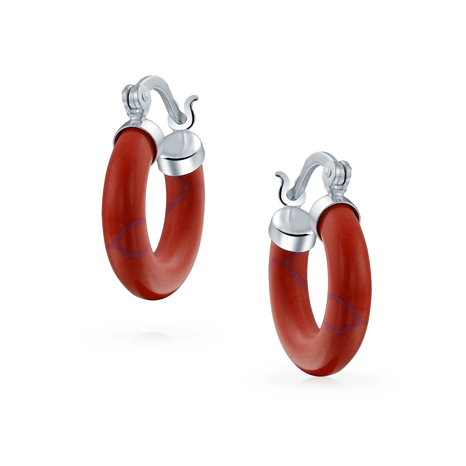 Classic Stone Red Coral Round Tube Hoop Earrings .925 Sterling Silver .75 Inch Diameter - Image 9