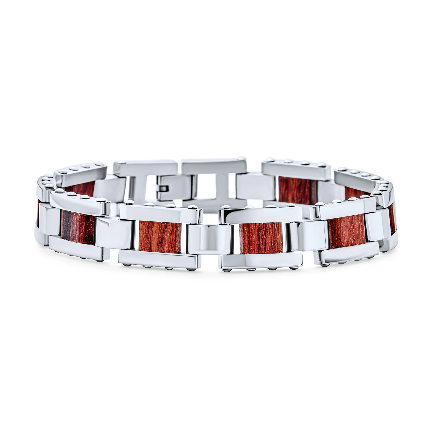 Men's Brown Wood and Stainless Steel Bracelet with Rectangle Link 8.5 Inch - Image 2
