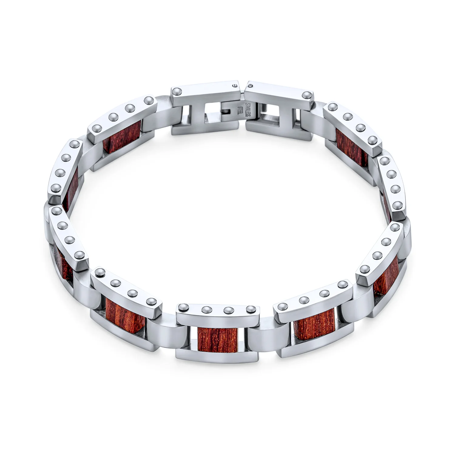 Men's Brown Wood and Stainless Steel Bracelet with Rectangle Link 8.5 Inch - Image 4
