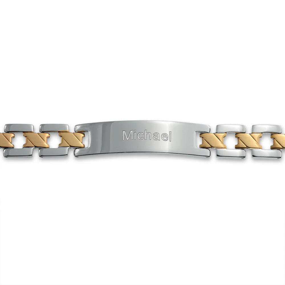 Men's Two-Tone Gold Matte ID Bracelet with Cross X Link 8" Stainless Steel Band - Image 2