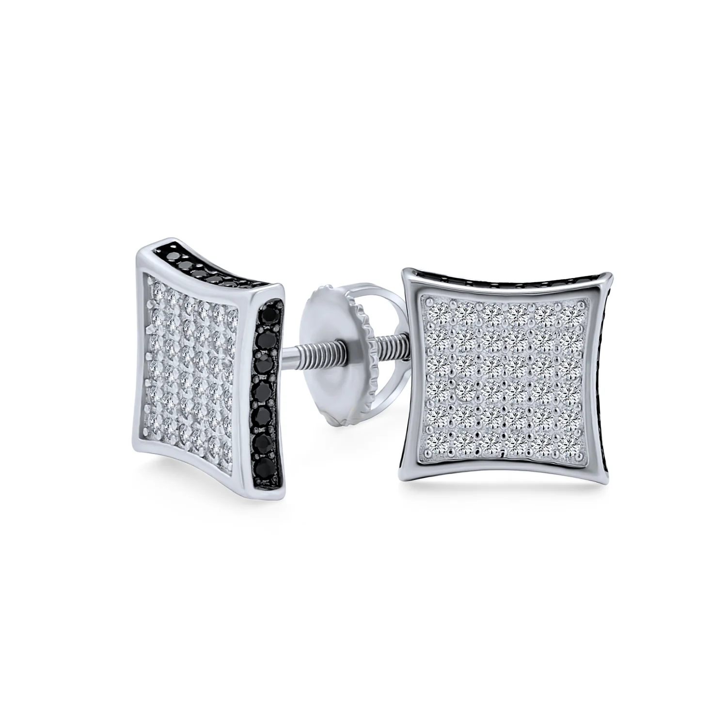 Black Square Kite Shaped CZ Micro Pave Cubic Zirconia Stud Earrings .925 Silver Screw back 7-12MM - Image 2