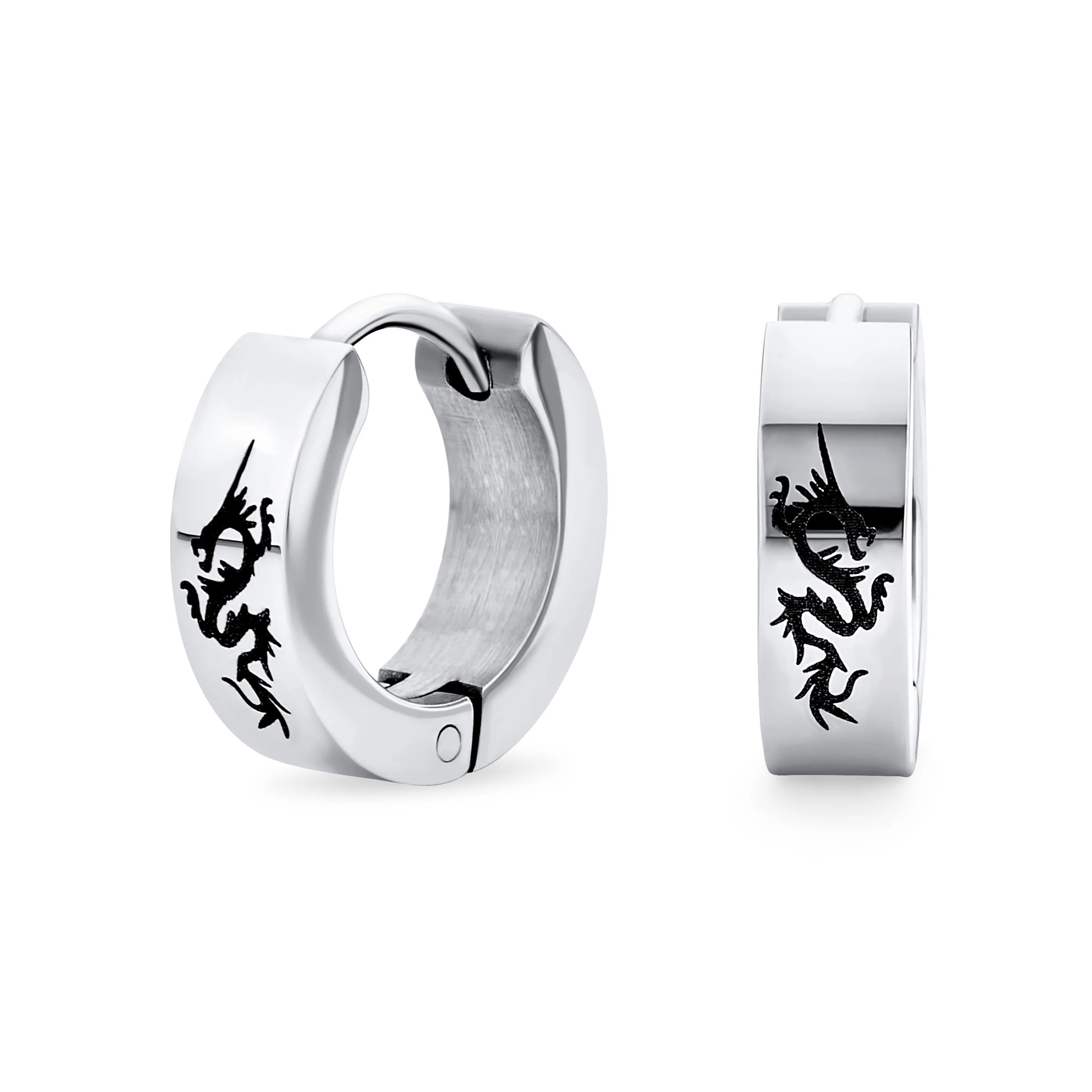 Laser Etched Dragon Mini Hoop Huggie Earrings Stainless Steel - Image 2