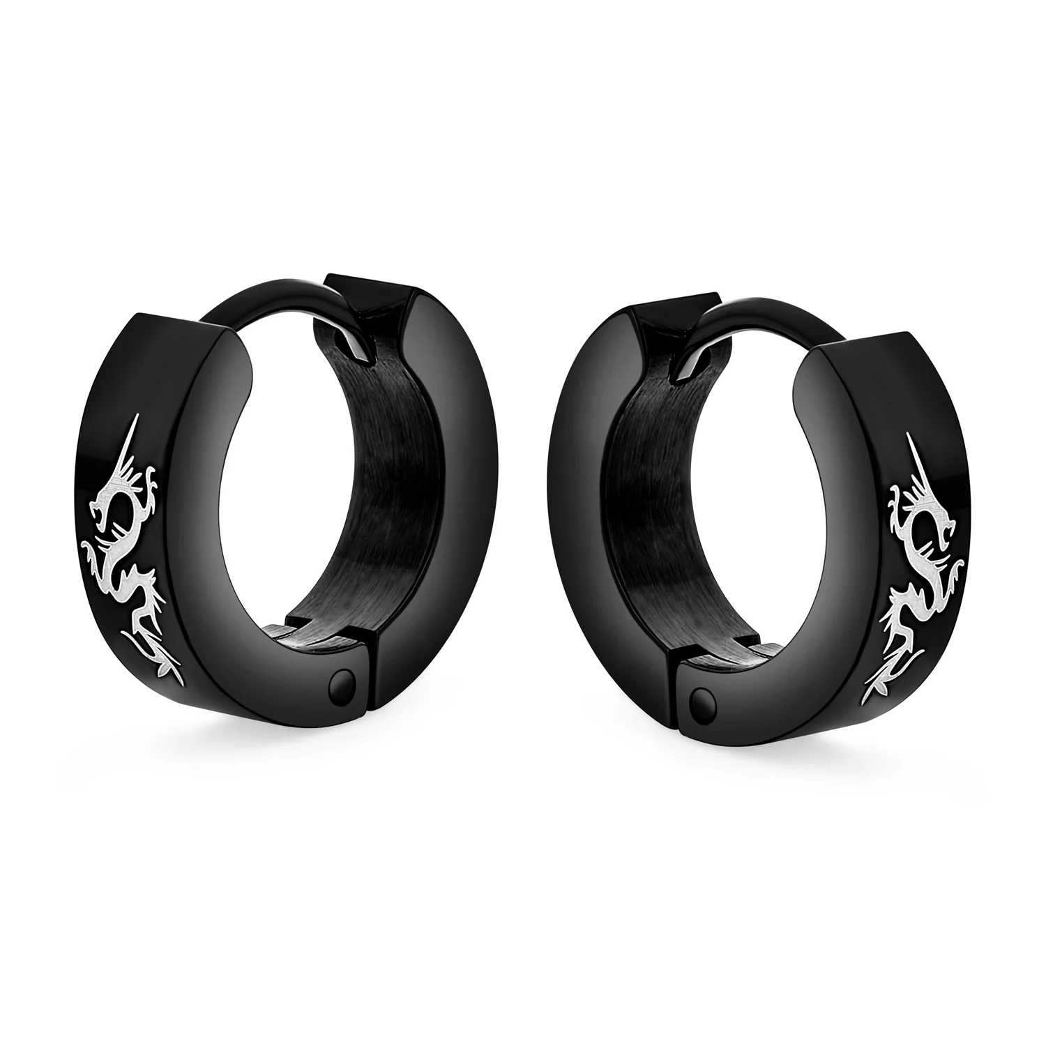 Laser Etched Dragon Mini Hoop Huggie Earrings Stainless Steel - Image 3