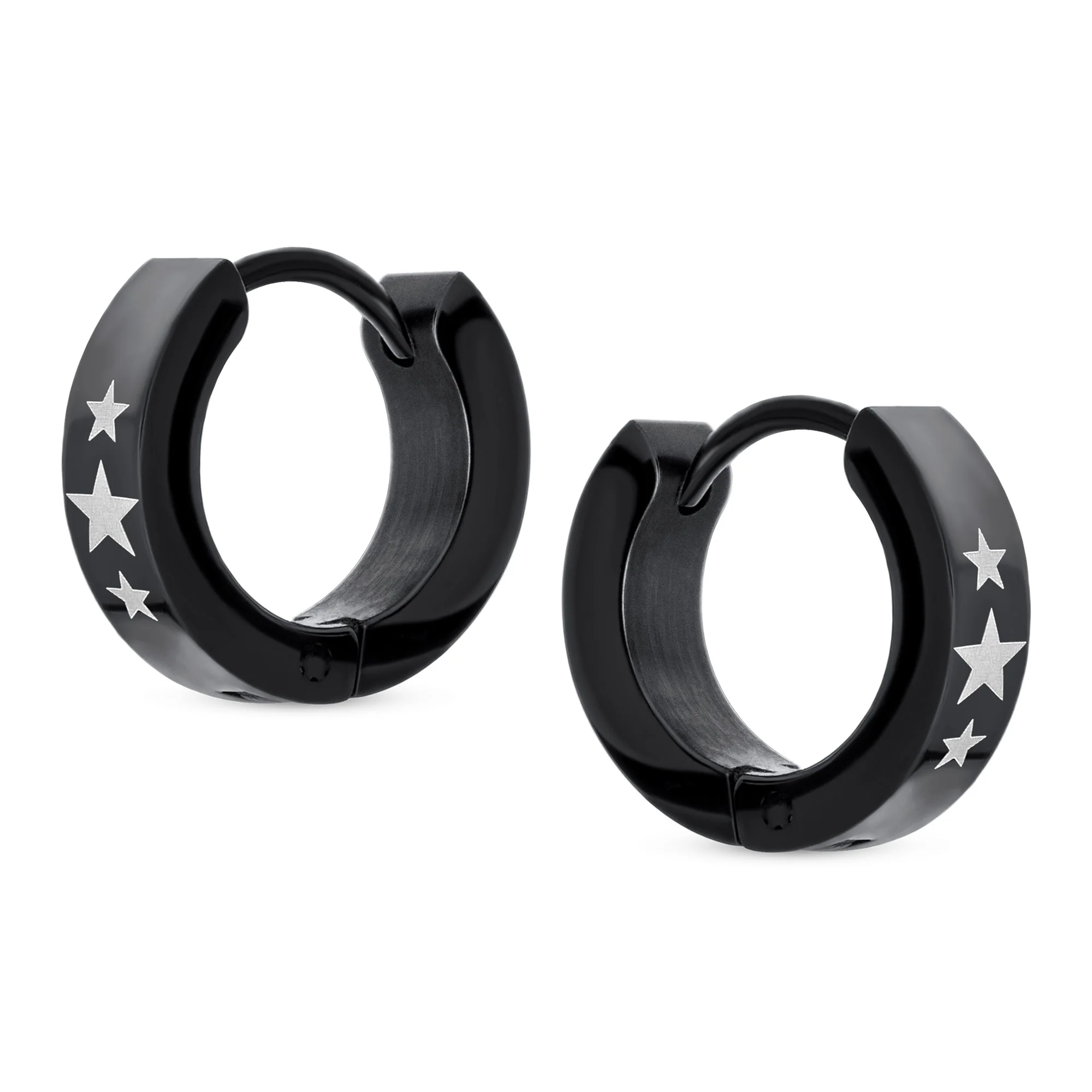 Mens Earrings Black IP Stainless Steel Biker Jewelry USA Stars Hoop Huggie - Image 3