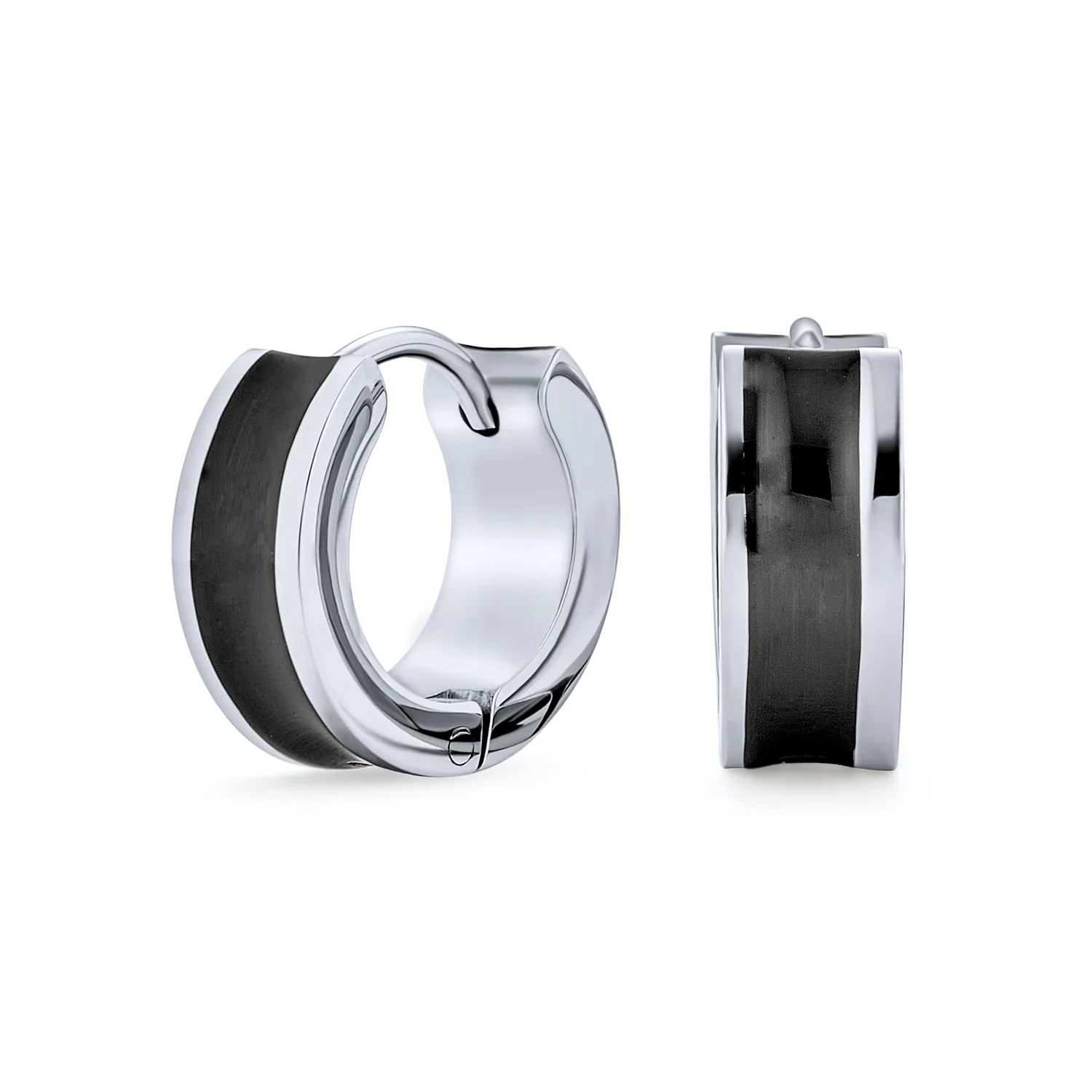 Unisex Two Tone Striped Black Enamel Huggies Mini Hoop Earrings Stainless Steel