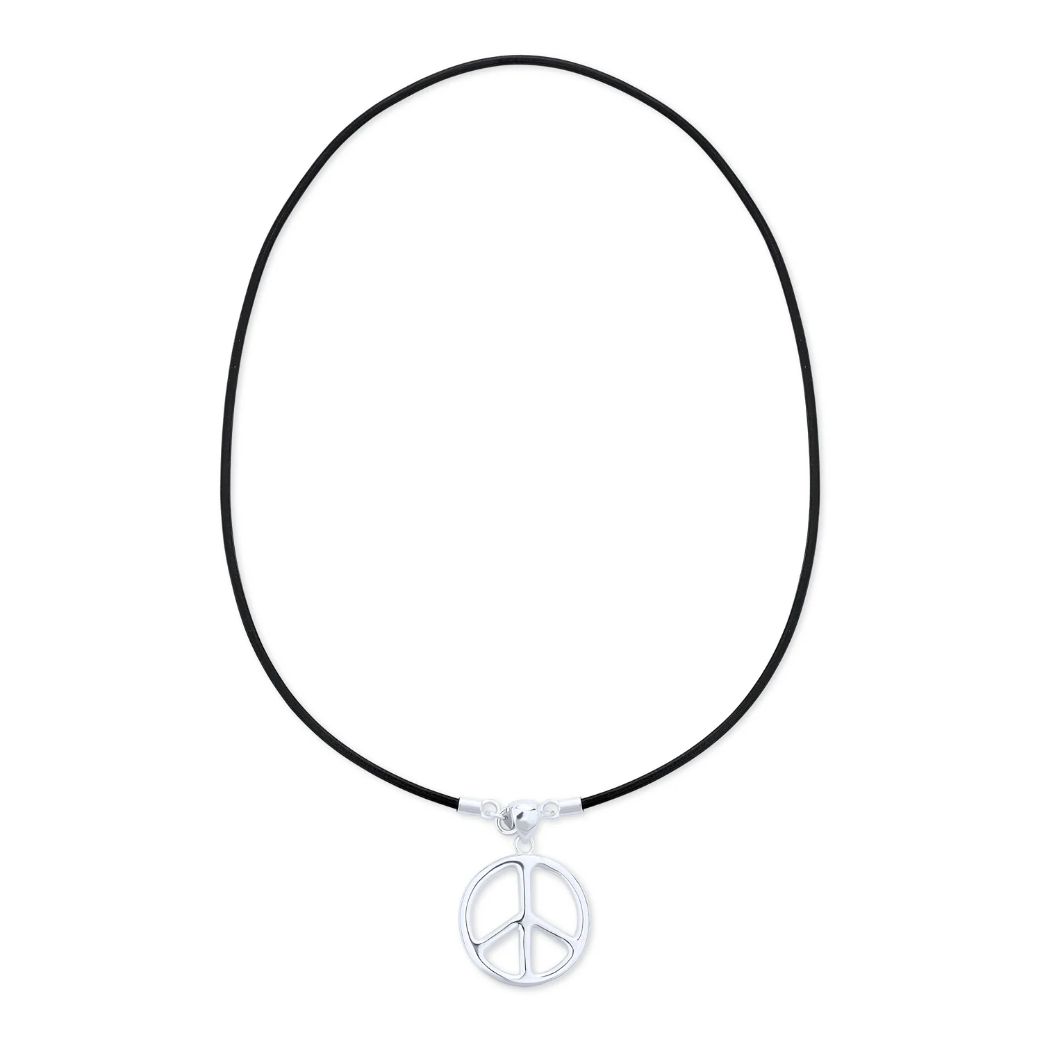 Men's Peace Sign Pendant Necklace Black Leather Cord Sterling Silver 18 Inch - Image 2