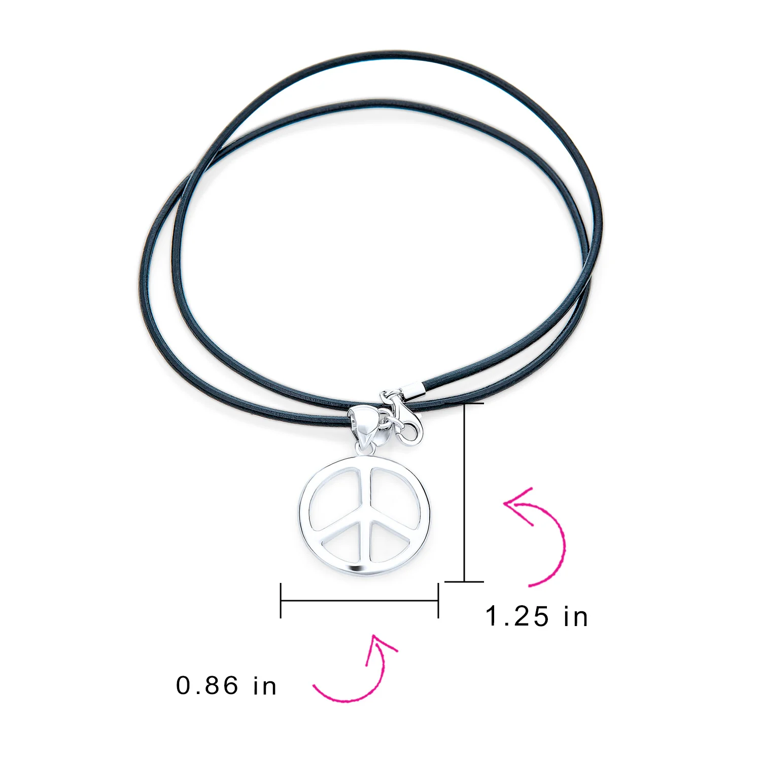 Men's Peace Sign Pendant Necklace Black Leather Cord Sterling Silver 18 Inch - Image 3