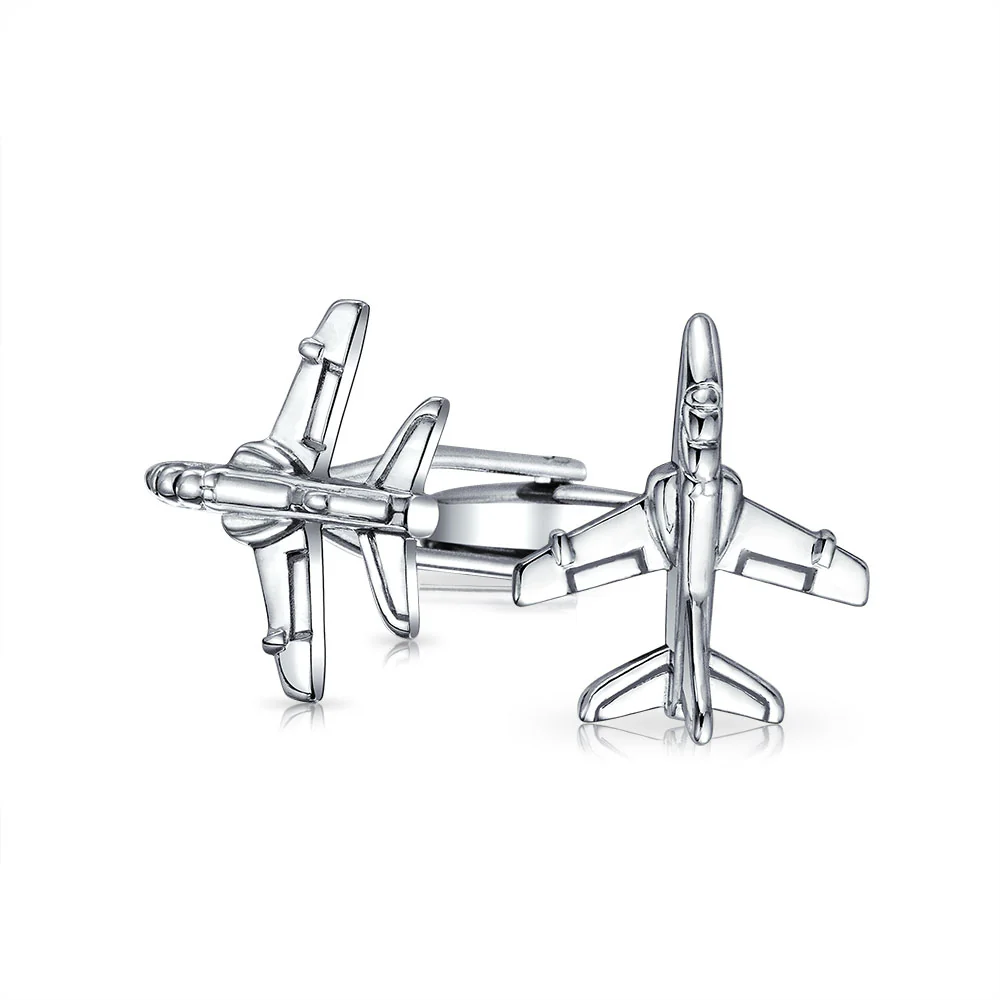 Mens Pilot Military Jet Airplane Shirt Cufflink Silver Tone Stainless Steel
