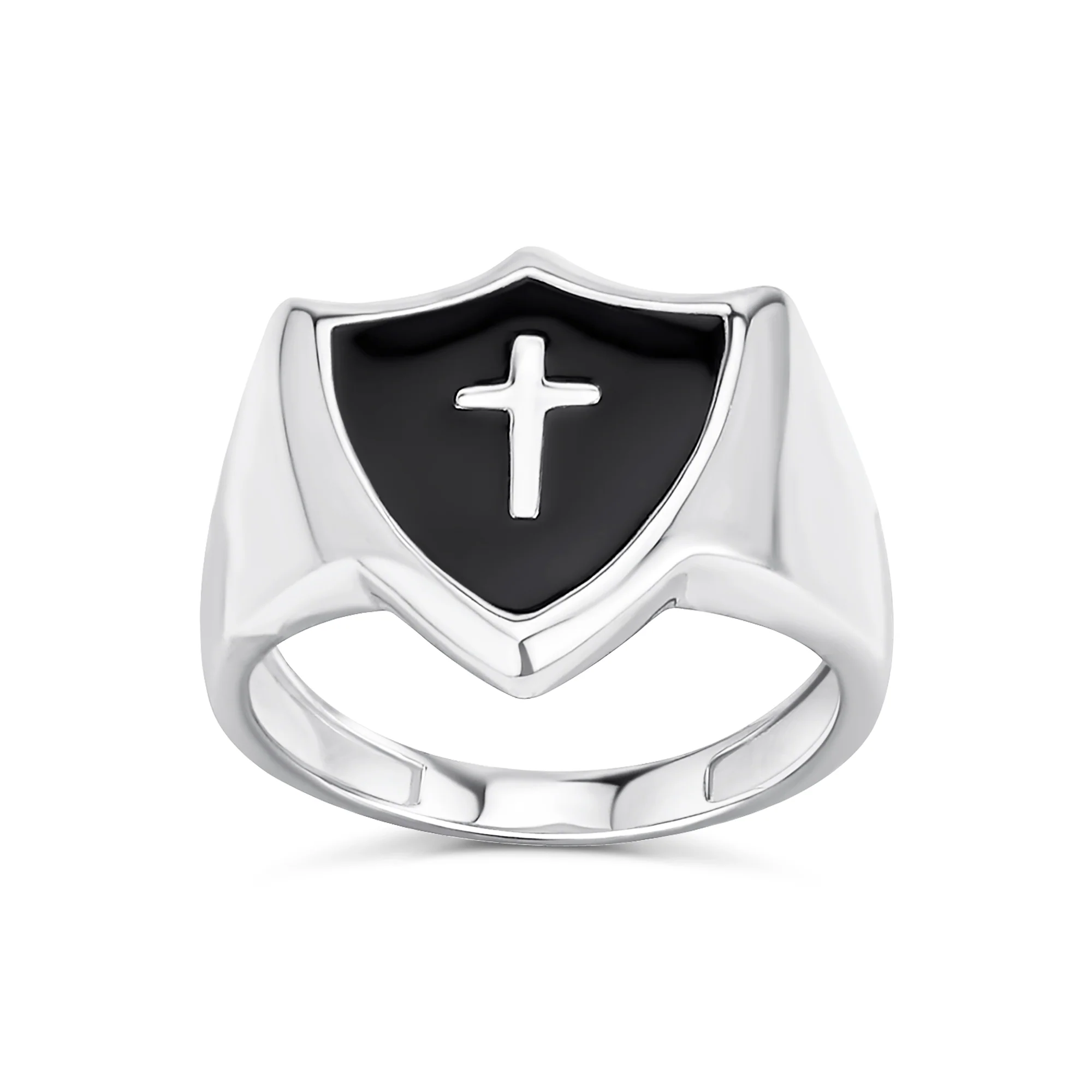 Religious Shield Design Cross Signet Ring Black Onyx Inlay .925 Sterling Silver