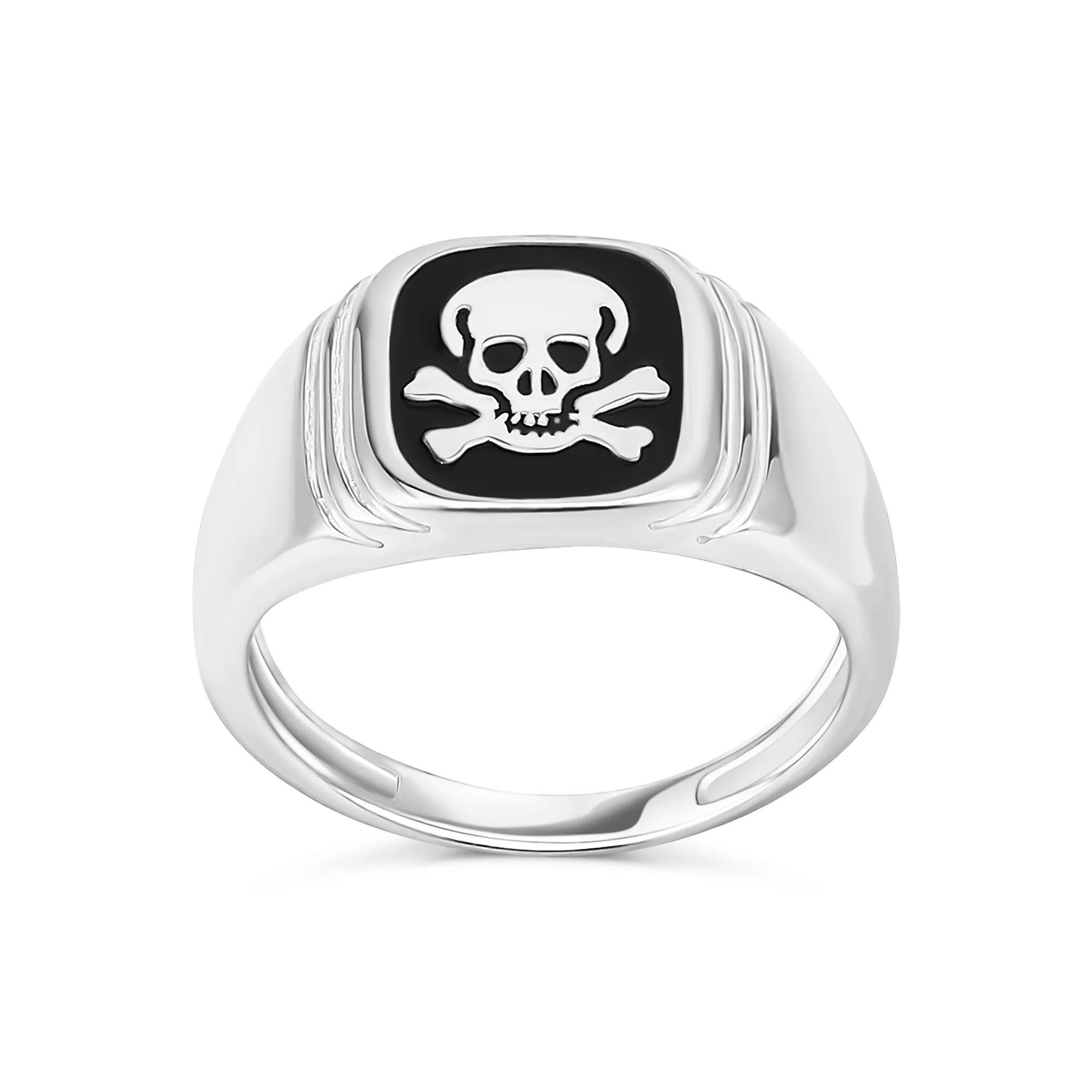 Classic Flat Black Onyx Gemstones Signet Skull Crossbones Ring Sterling Silver