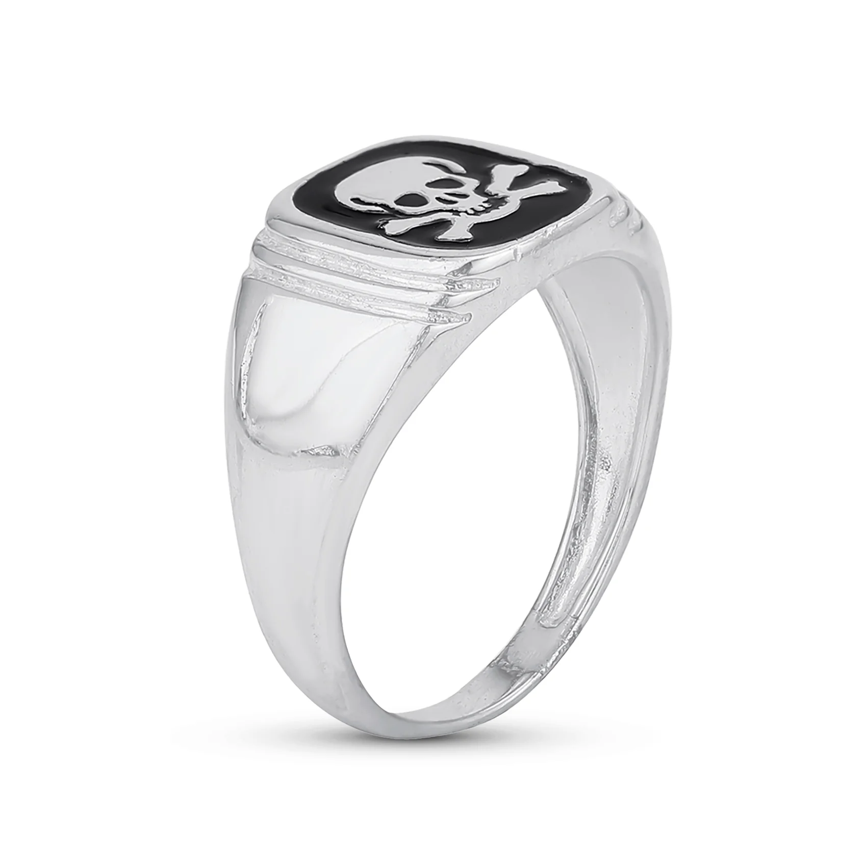 Classic Flat Black Onyx Gemstones Signet Skull Crossbones Ring Sterling Silver - Image 2