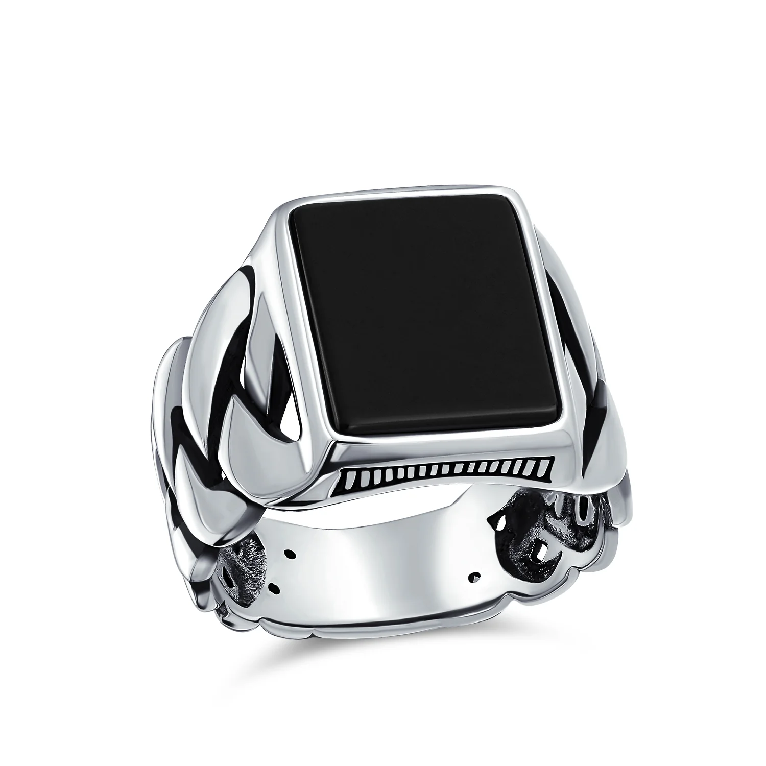 Large Rectangle Gemstone Chain Link Statement Signet Ring .925 Sterling Silver