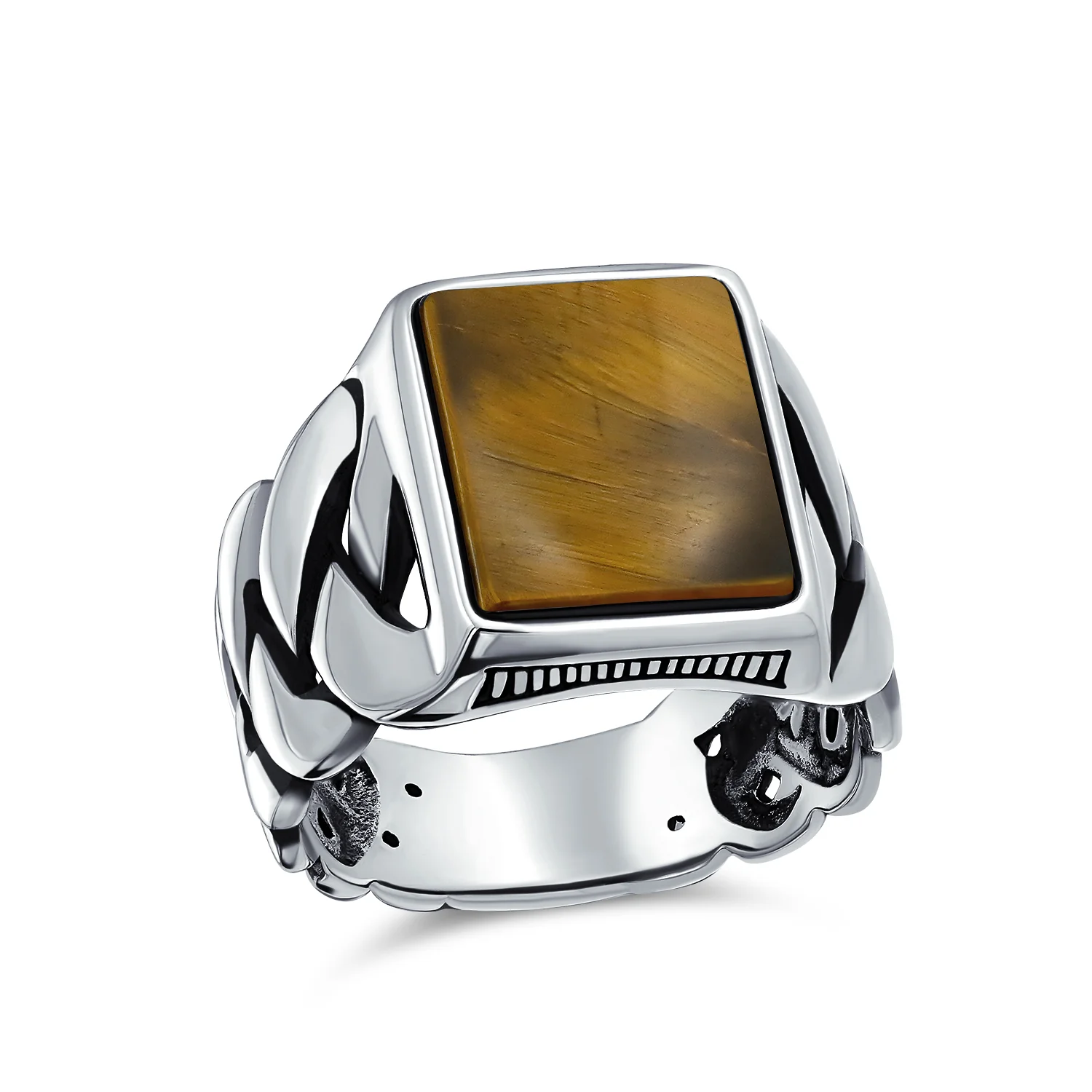 Large Rectangle Gemstone Chain Link Statement Signet Ring .925 Sterling Silver - Image 2
